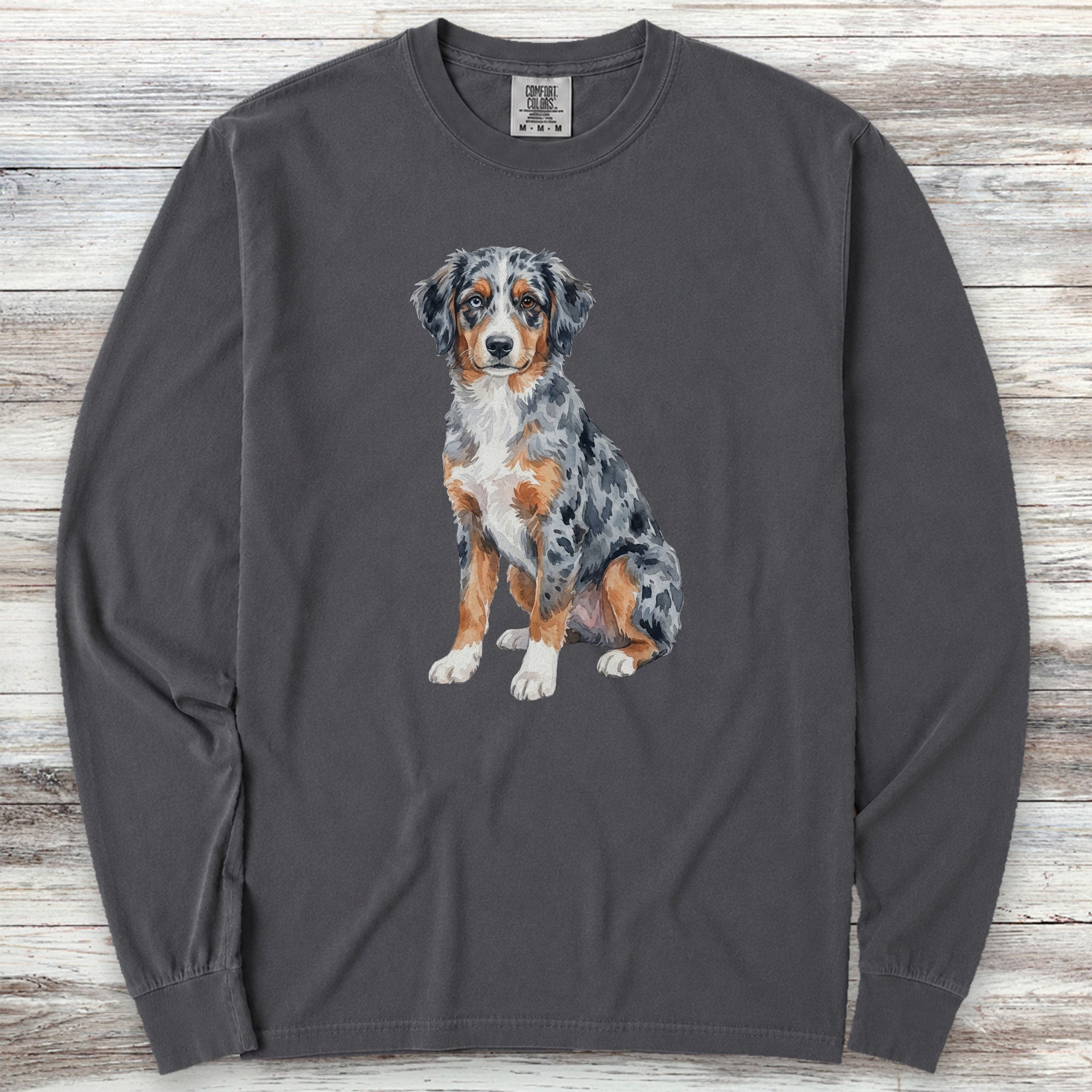 Australian Shepherd Puppy Watercolor Long Sleeve Tee - Graphite