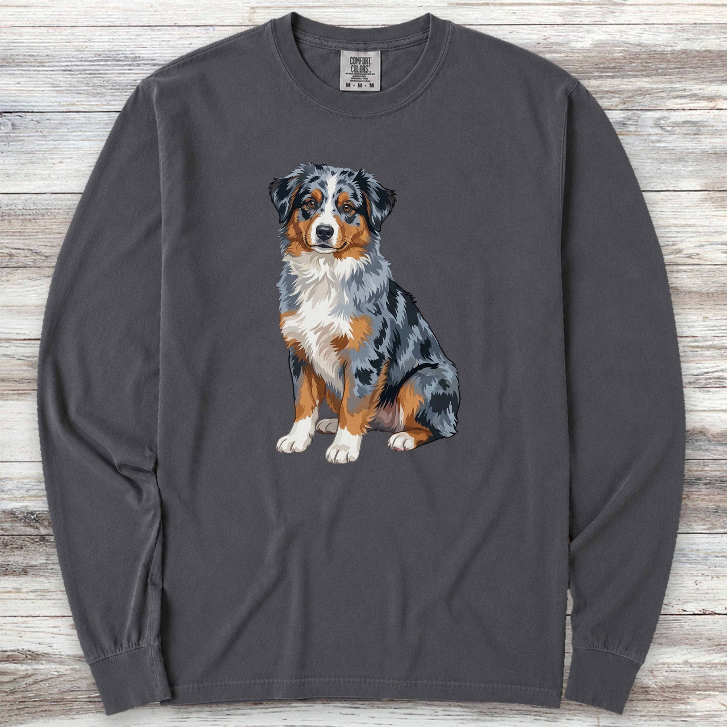 Australian Shepherd Merle Watercolor Long Sleeve Tee - Graphite