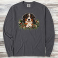 Bernese Mountain Dog Winter Greenery Faux Embroidery Long Sleeve Tee - Graphite