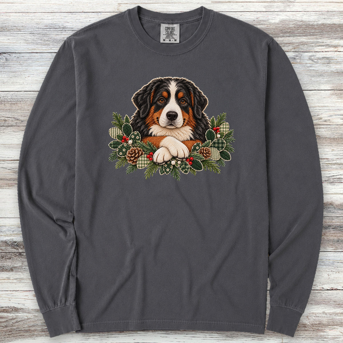 Bernese Mountain Dog Winter Greenery Faux Embroidery Long Sleeve Tee - Graphite