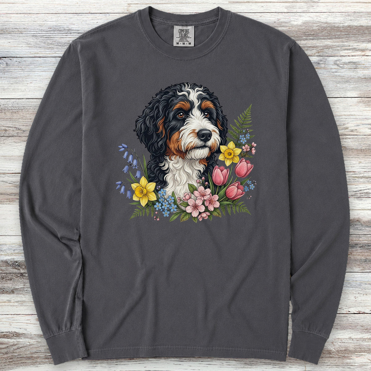 Bernedoodle Spring Portrait Long Sleeve Tee - Graphite
