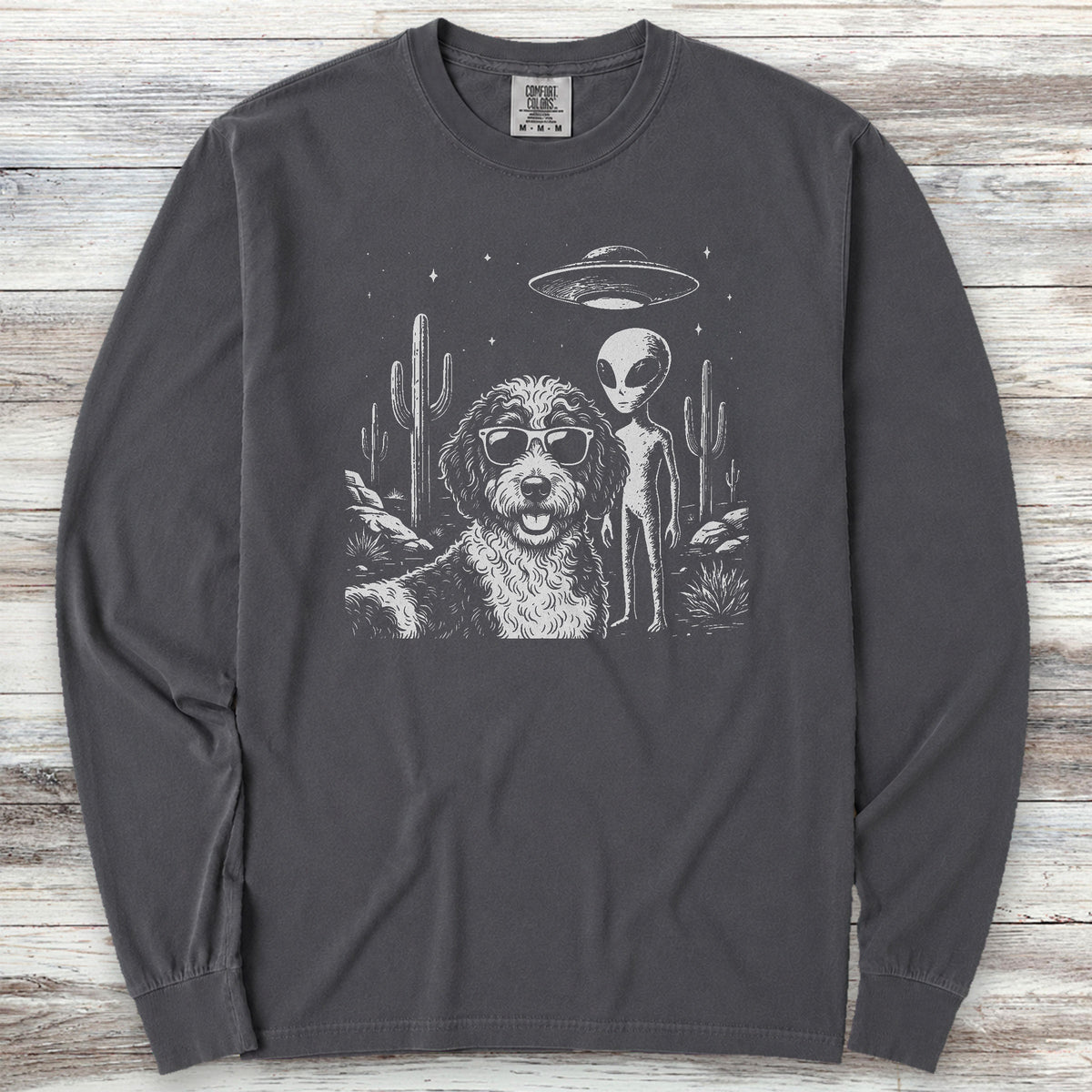 Bernedoodle Alien Selfie Long Sleeve Tee - Graphite