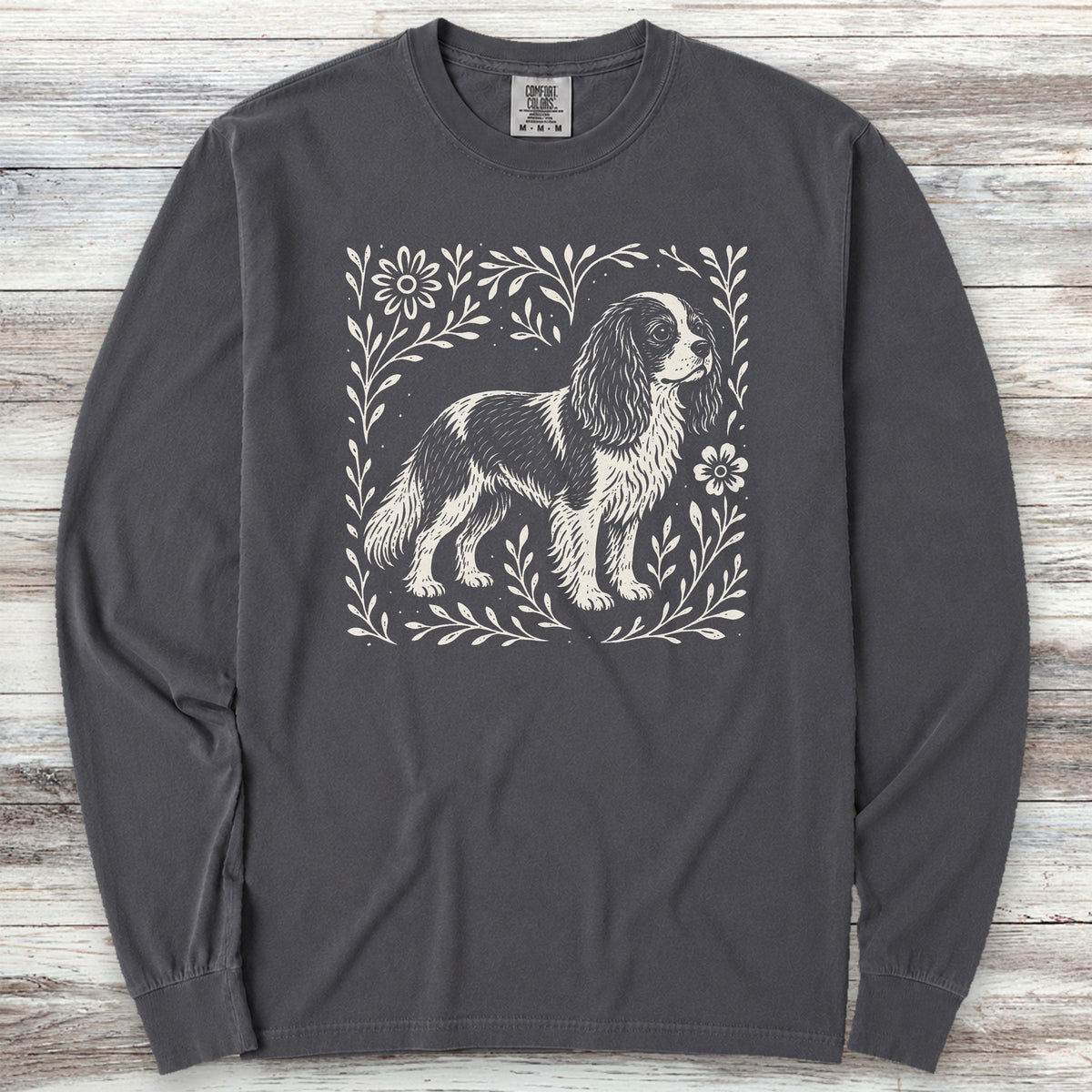 Cavalier King Charles Linocut Long Sleeve Tee - Graphite