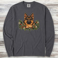 German Shepherd Winter Greenery Faux Embroidery Long Sleeve Tee - Graphite