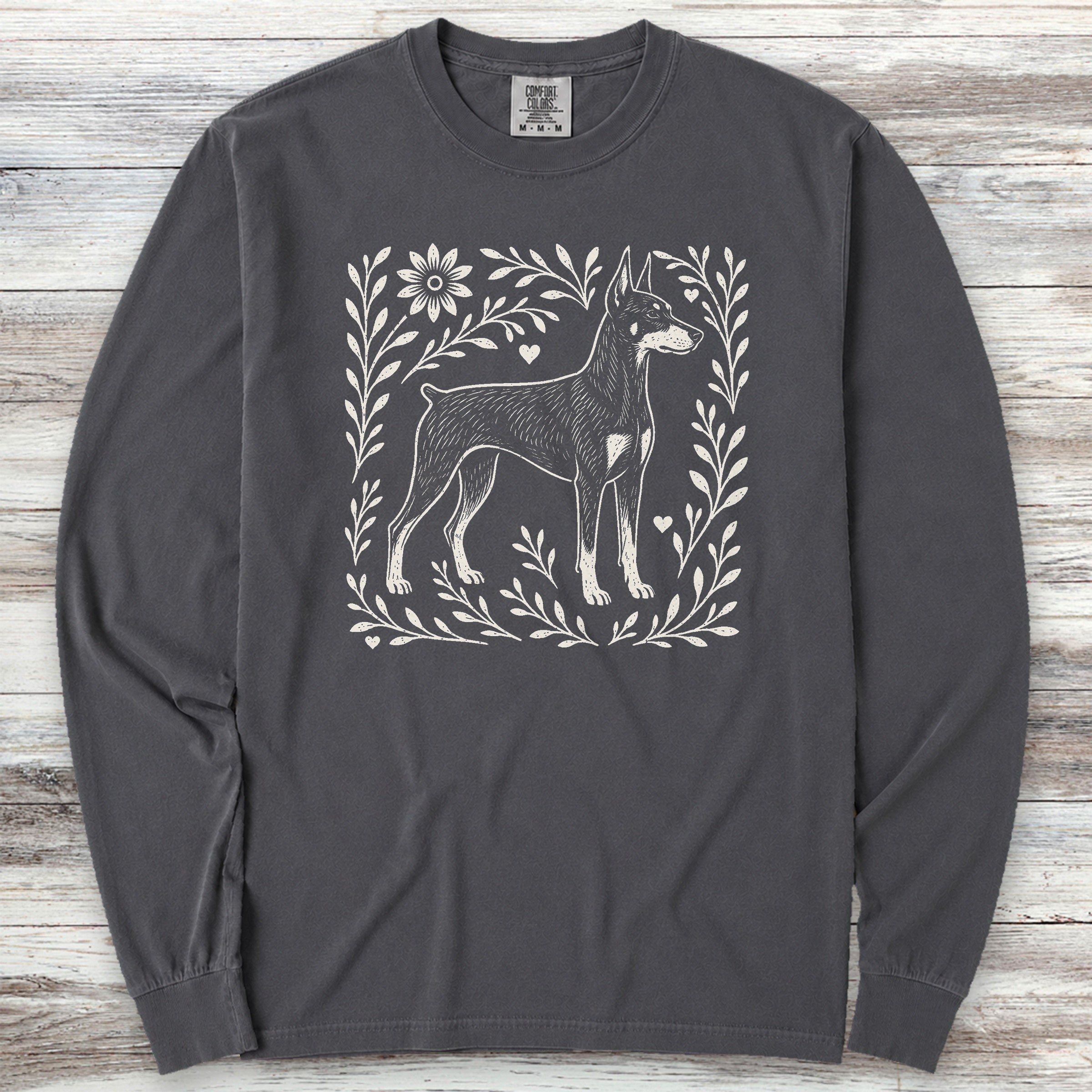 Doberman Linocut Long Sleeve Tee - Graphite