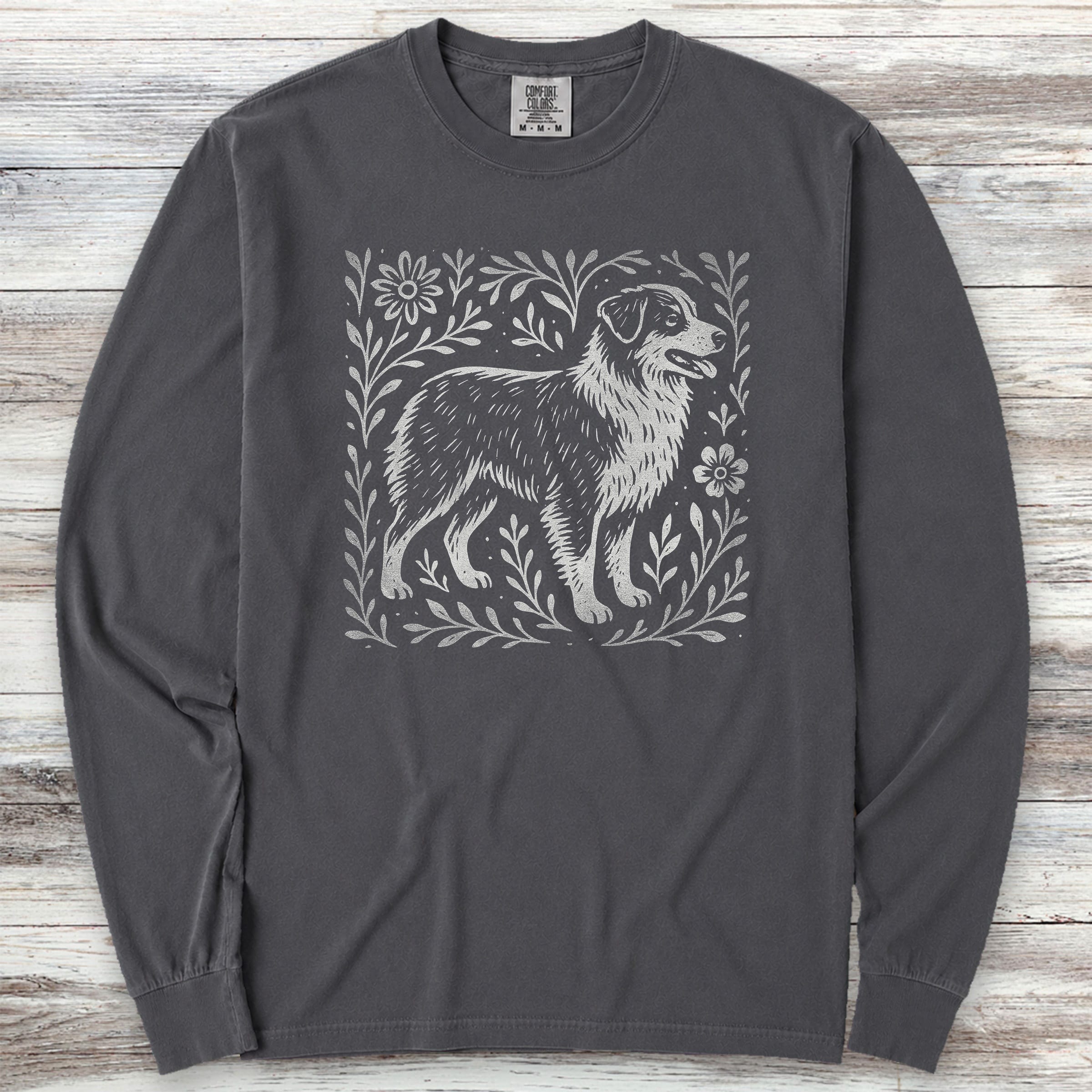 Australian Shepherd Linocut Long Sleeve Tee - Graphite