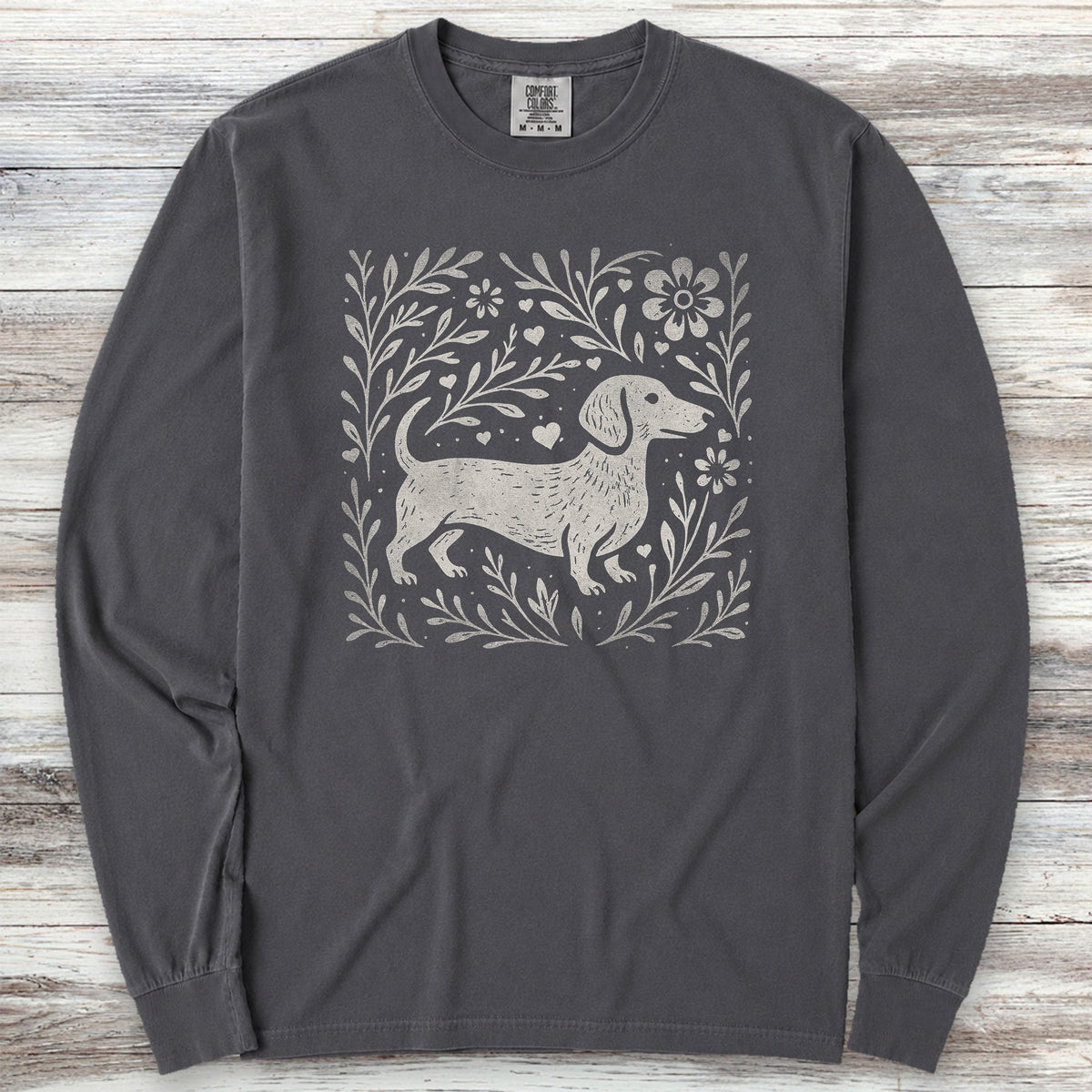 Dachshund Linocut Long Sleeve Tee - Graphite