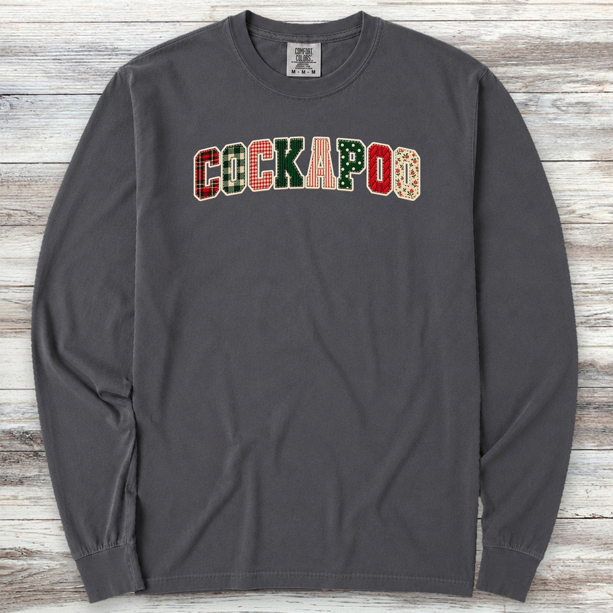 Cockapoo Holiday Faux Patchwork Long Sleeve Tee - Graphite