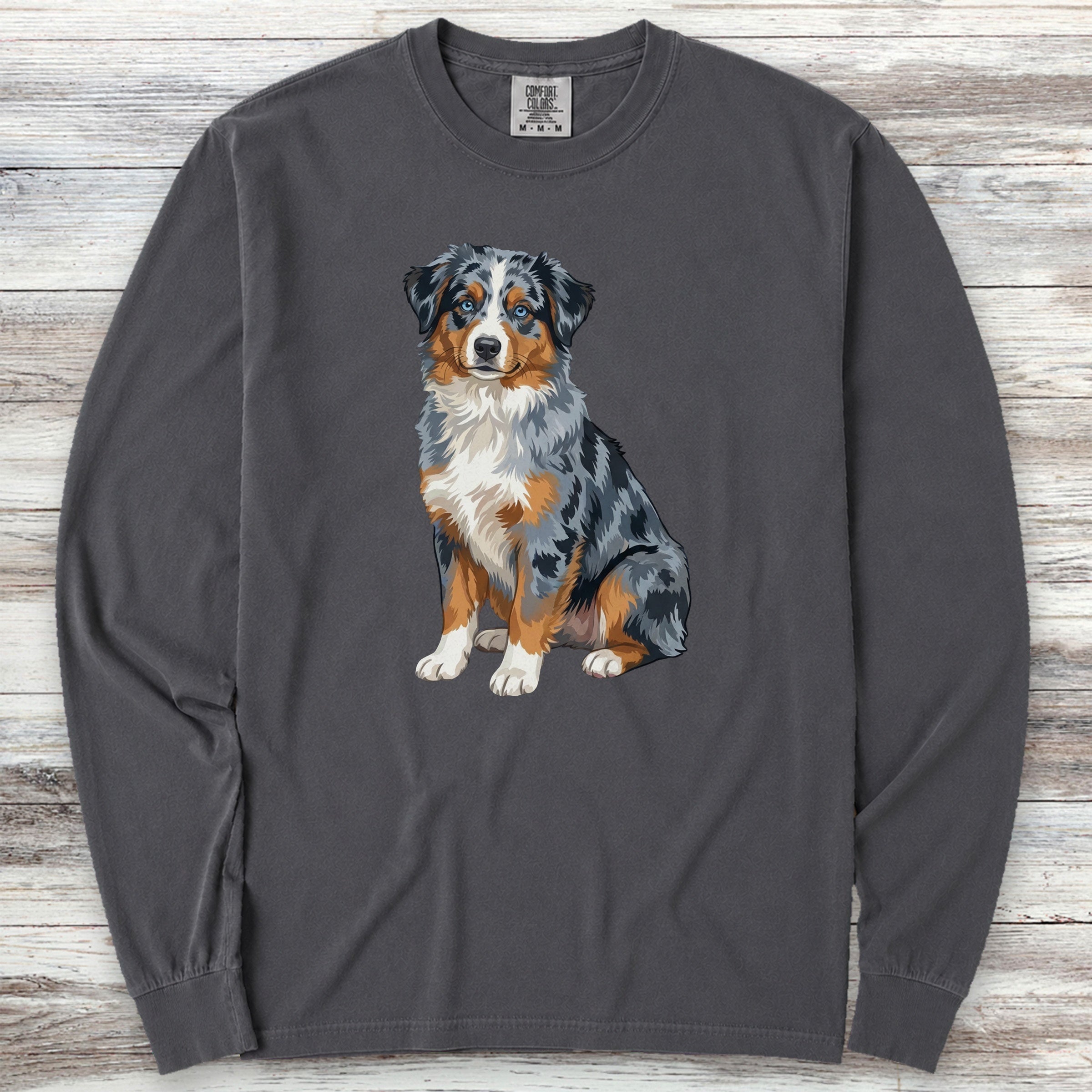 Australian Shepherd Merle Blue Eyes Watercolor Long Sleeve Tee - Graphite