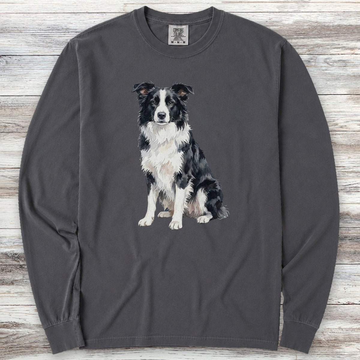 Border Collie Watercolor Long Sleeve Tee - Graphite