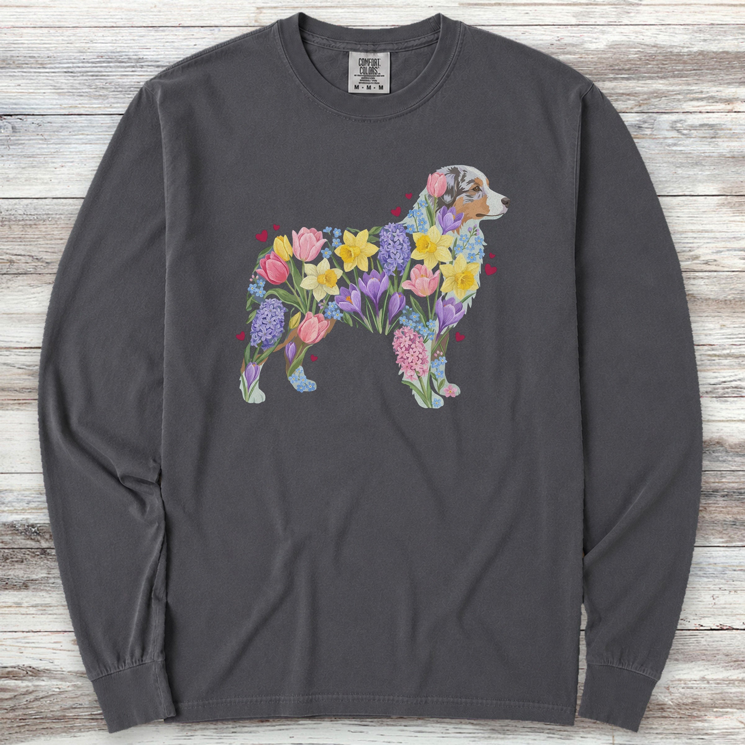 Australian Shepherd Spring Floral Silhouette Long Sleeve Tee - Graphite