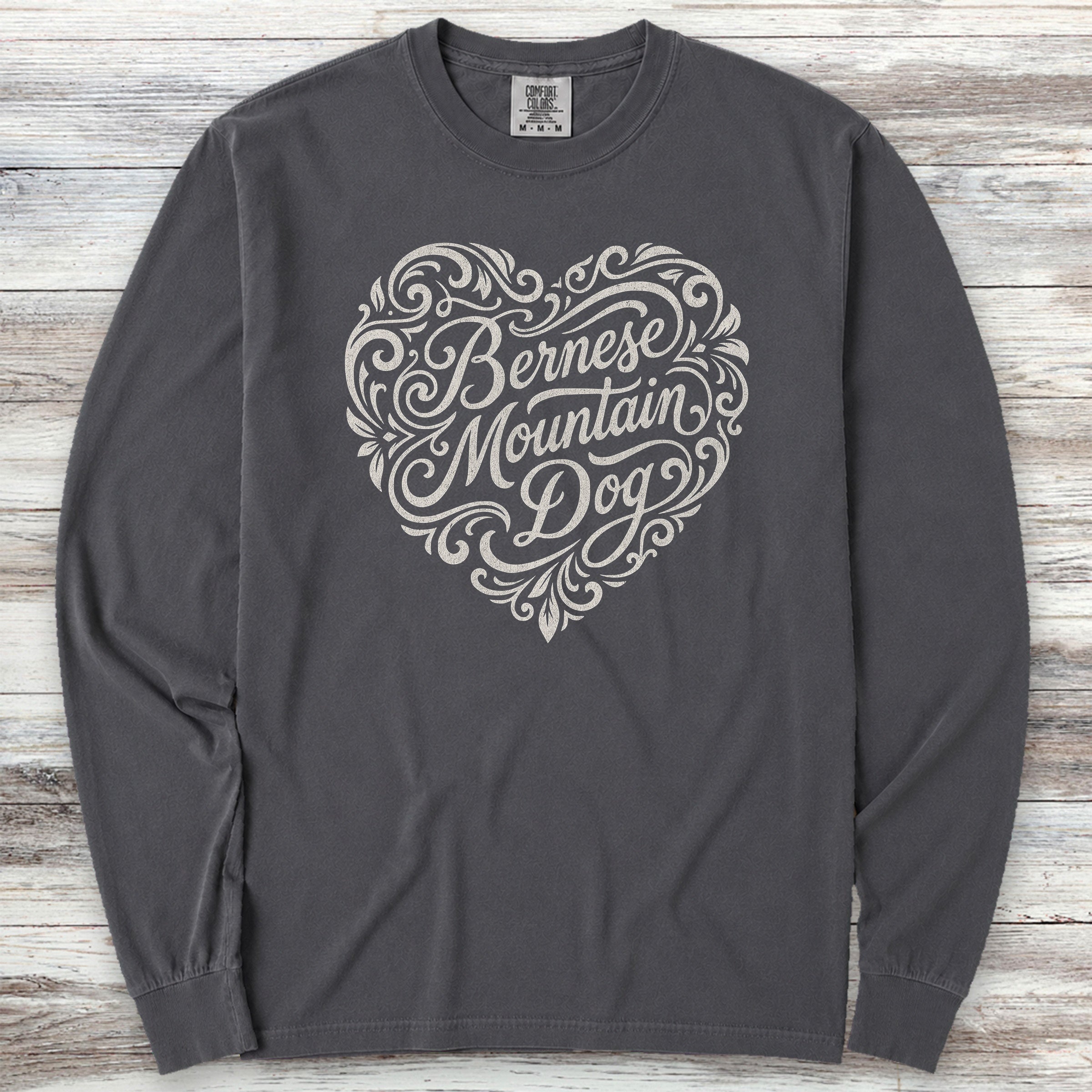 Bernese Mountain Dog Heart Script Long Sleeve Tee - Graphite