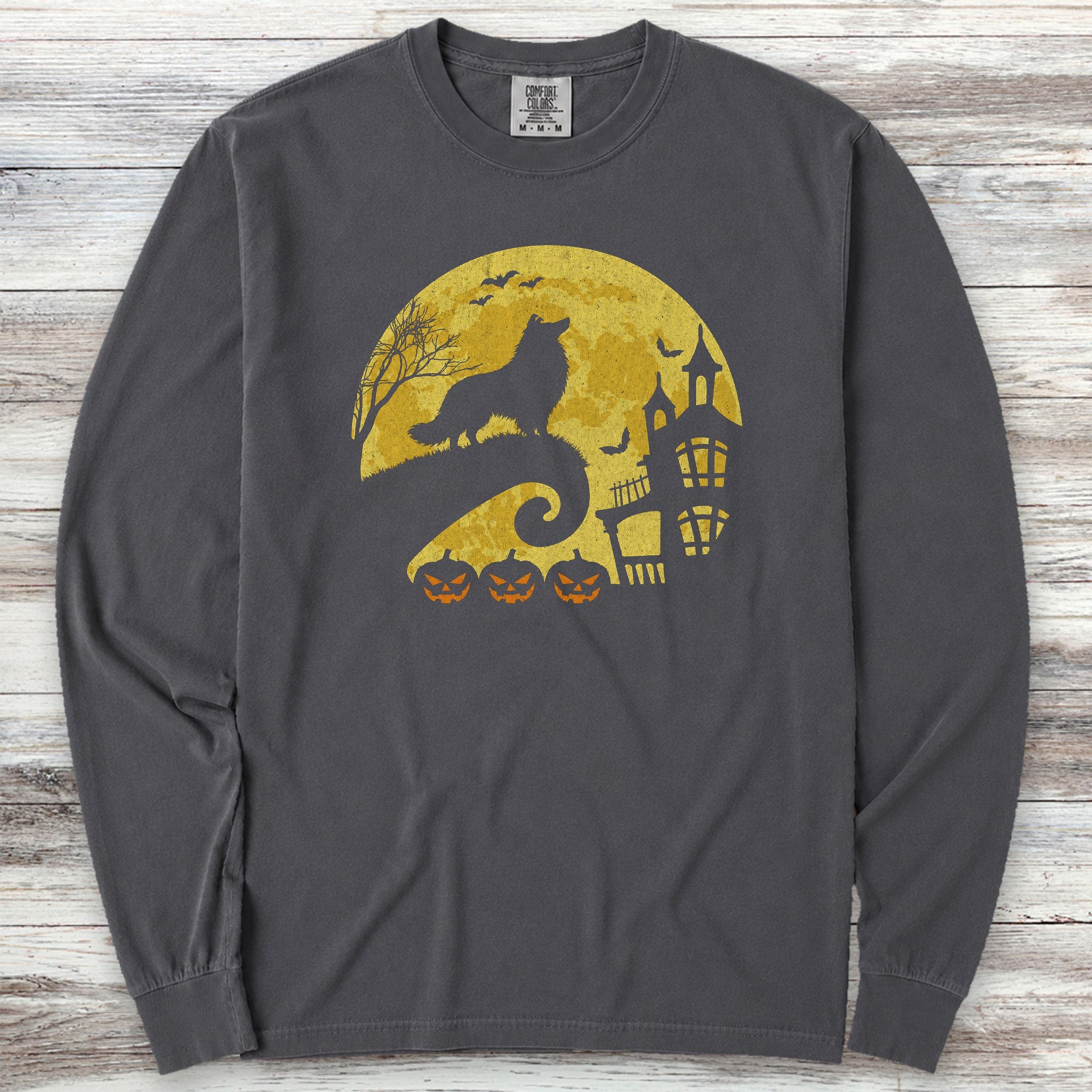 Rough Collie Halloween Moon Long Sleeve Tee - Graphite