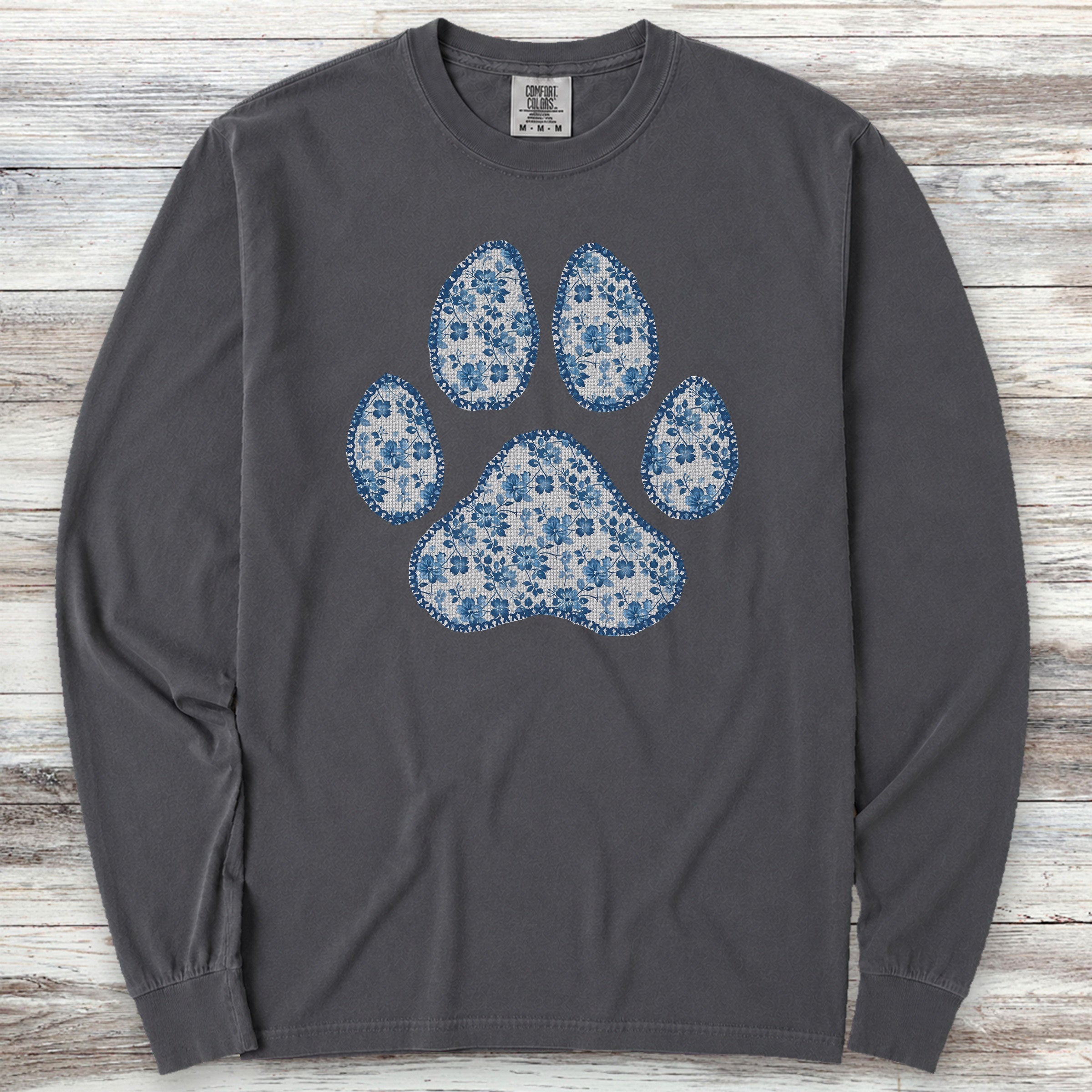 Blue Floral Paw Print Long Sleeve Tee - Graphite