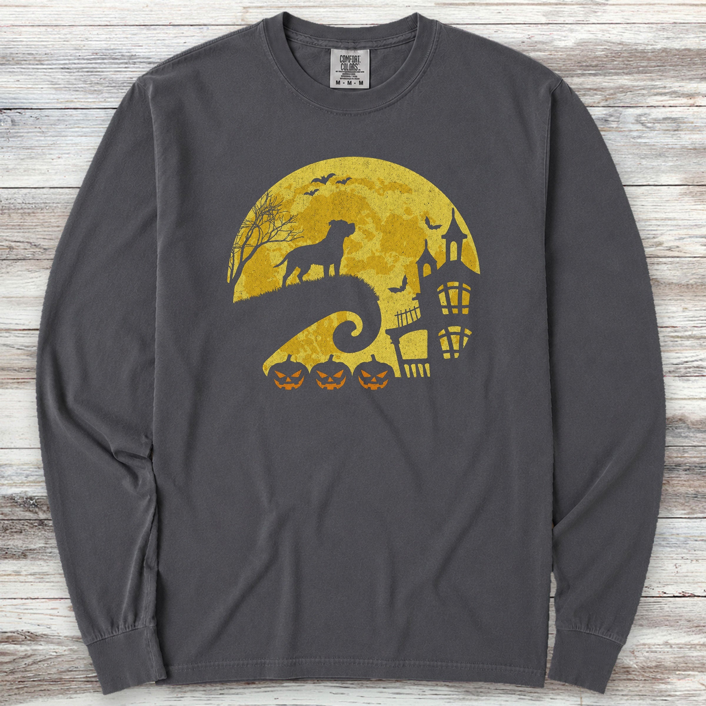 Pit Bull Halloween Moon Long Sleeve Tee - Graphite