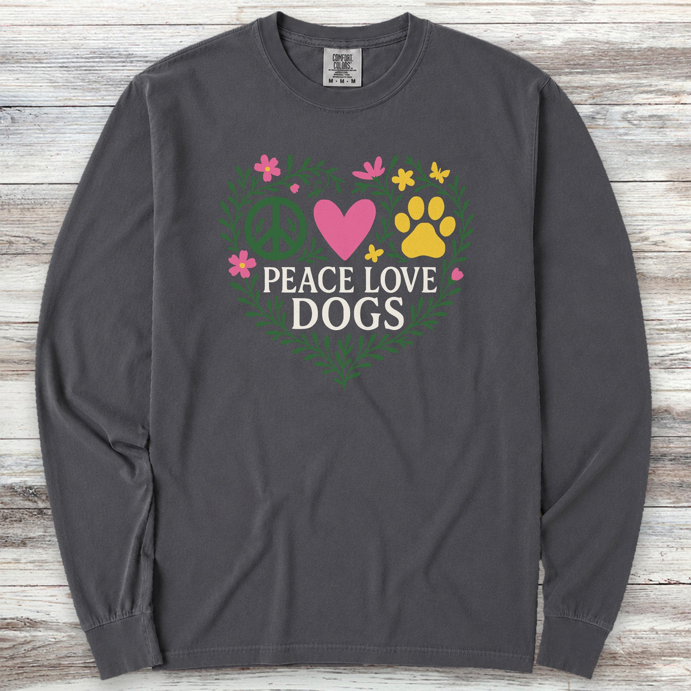 Peace Love Dogs Floral Long Sleeve Tee - Graphite