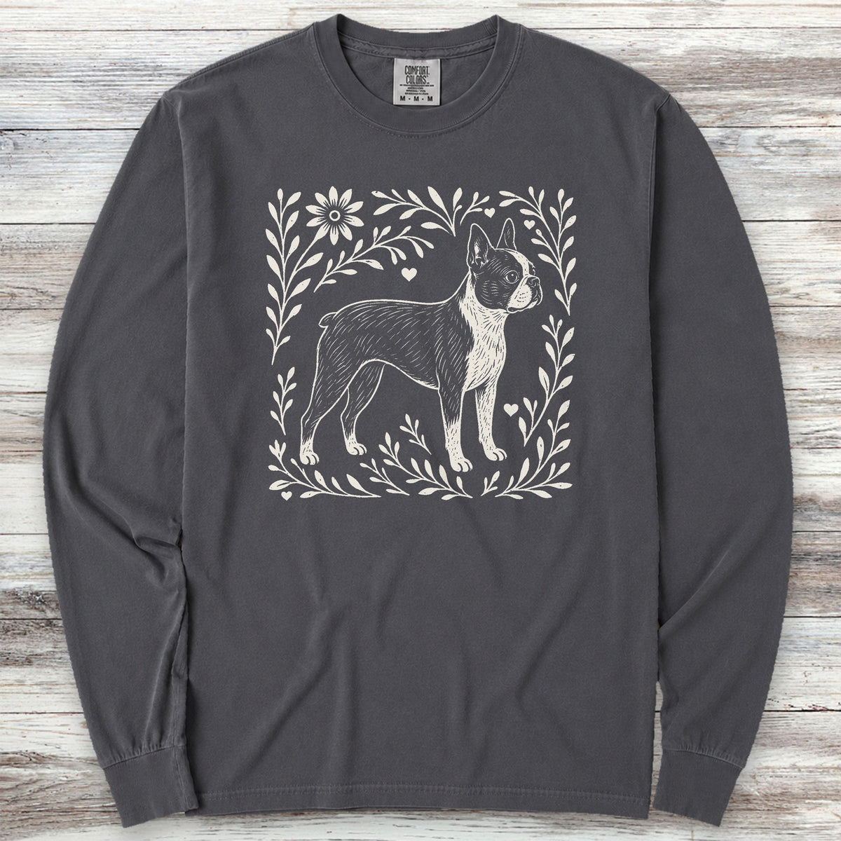 Boston Terrier Linocut Long Sleeve Tee - Graphite