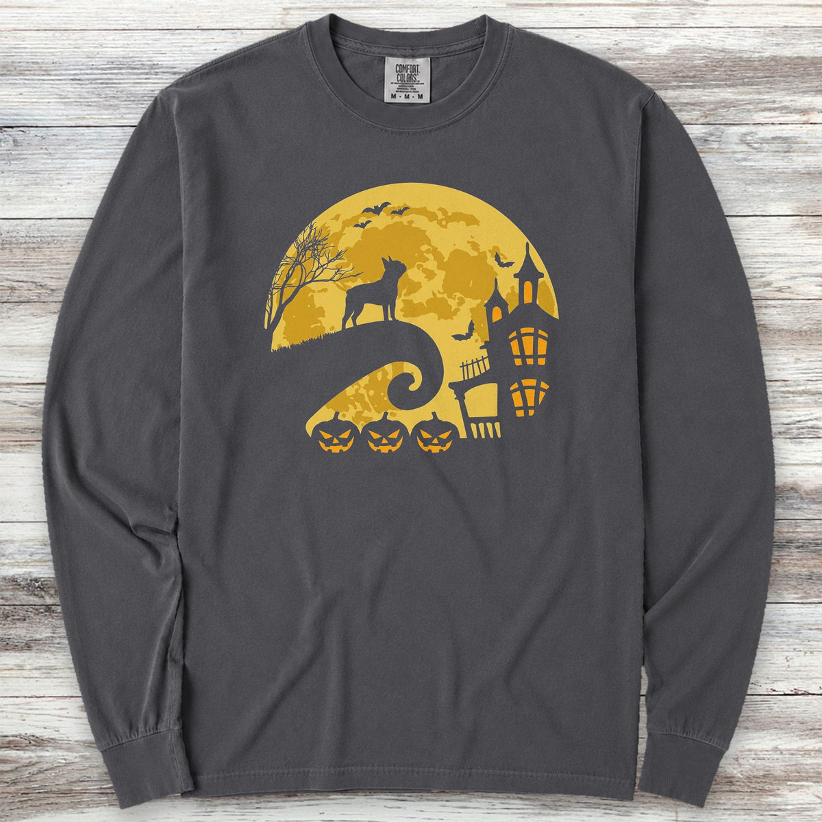 Boston Terrier Halloween Moon Long Sleeve Tee - Graphite