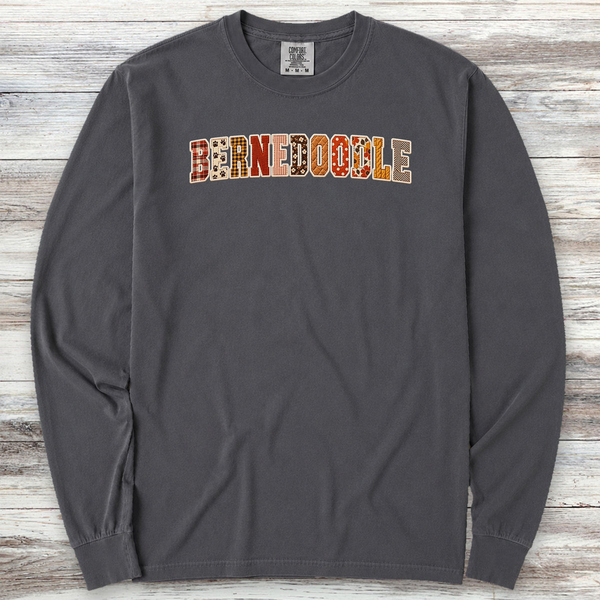 Bernedoodle Fall Faux Patchwork Long Sleeve Tee - Graphite