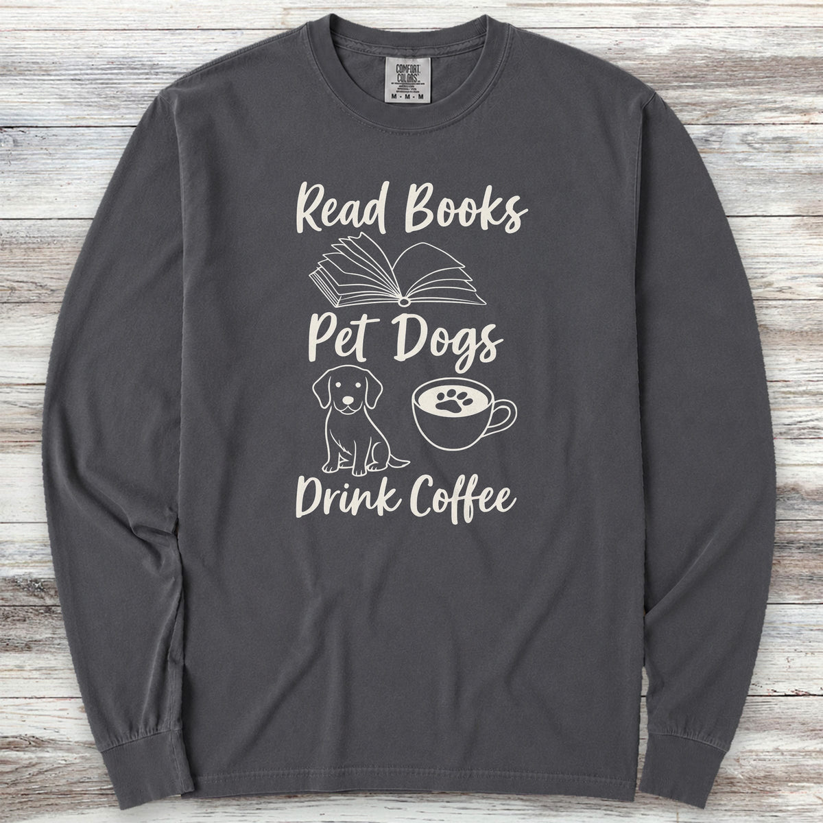 Books Dogs Coffee Long Sleeve Tee - Graphite