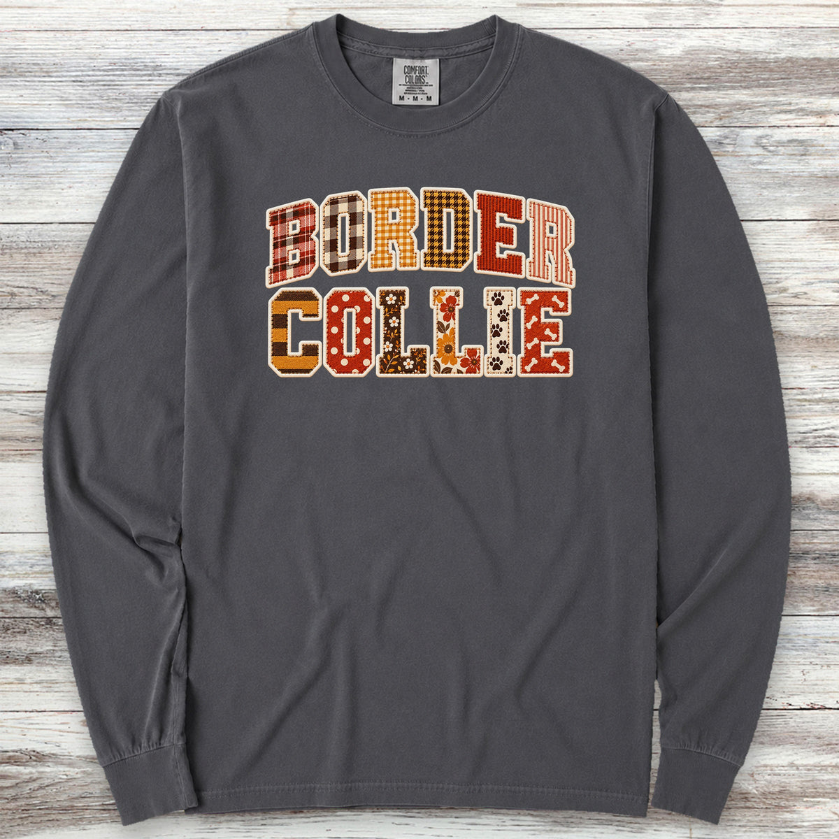 Border Collie Fall Faux Patchwork Long Sleeve Tee - Graphite