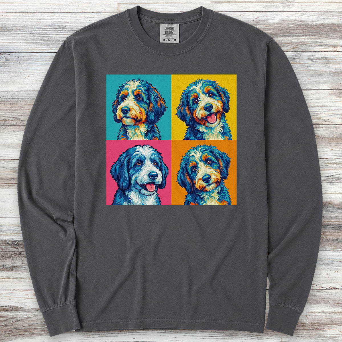 Bernedoodle Pop Art Long Sleeve Tee - Graphite