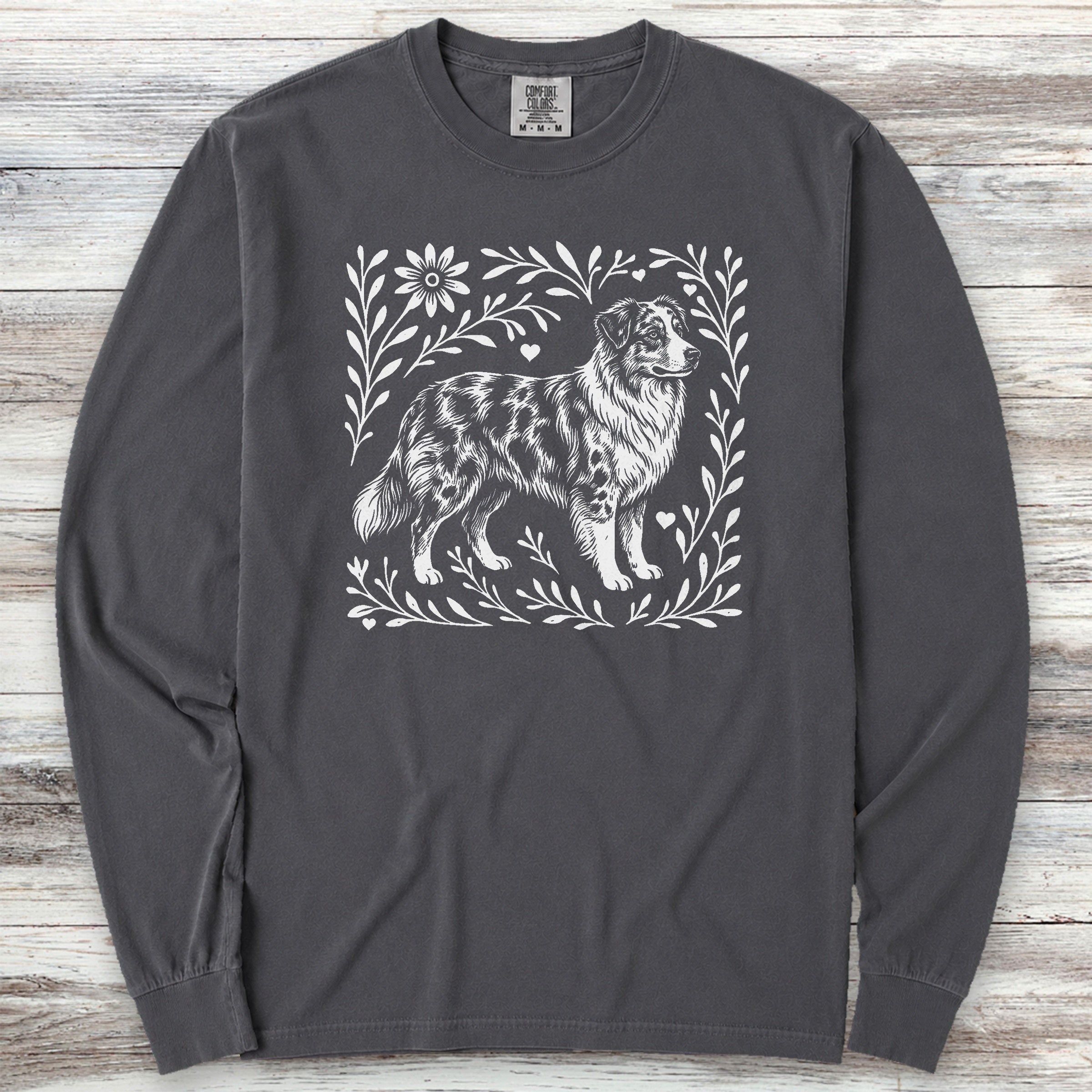 Australian Shepherd Merle Linocut Long Sleeve Tee - Graphite