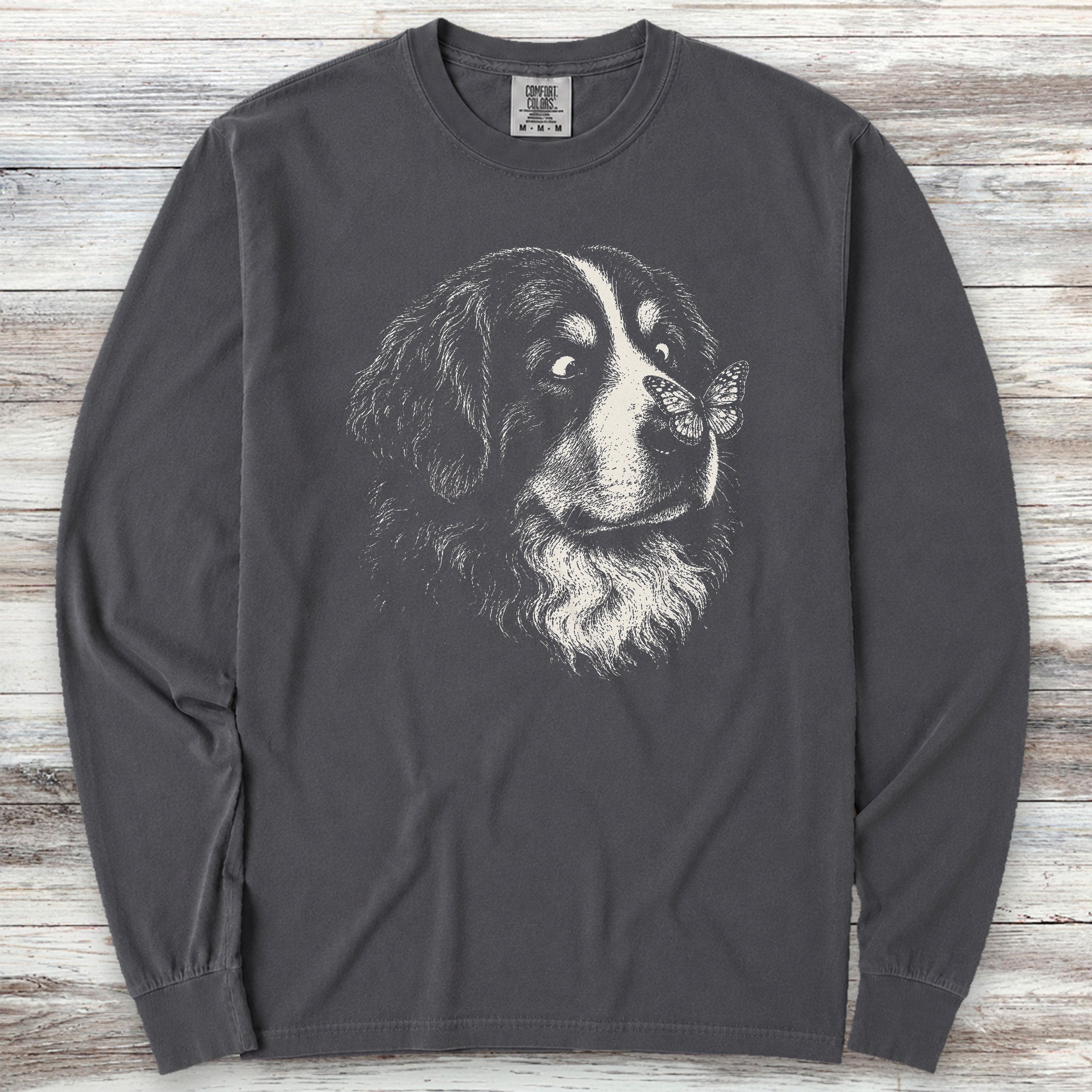 Bernese Mountain Dog Butterfly Long Sleeve Tee - Graphite