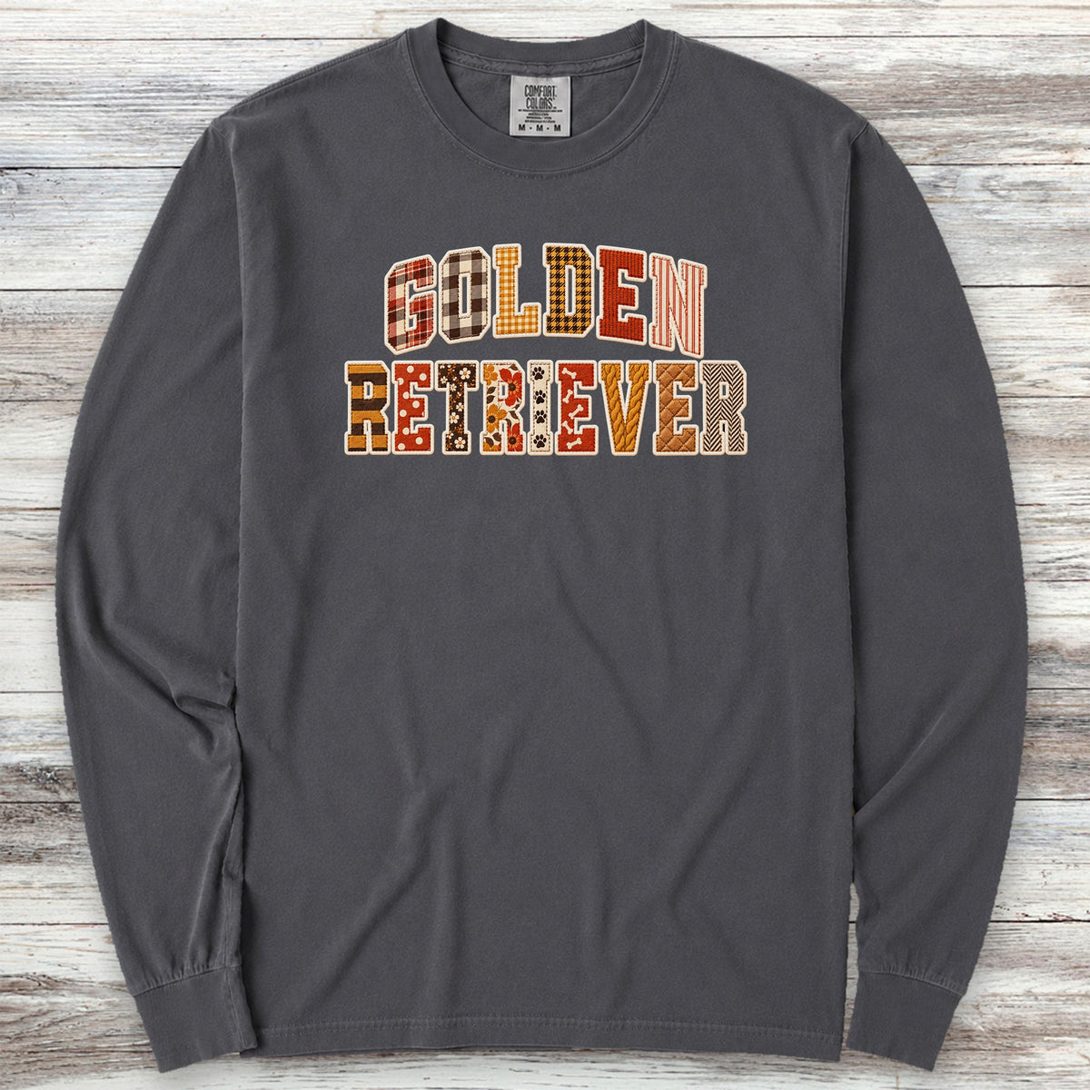 Golden Retriever Fall Faux Patchwork Long Sleeve Tee - Graphite