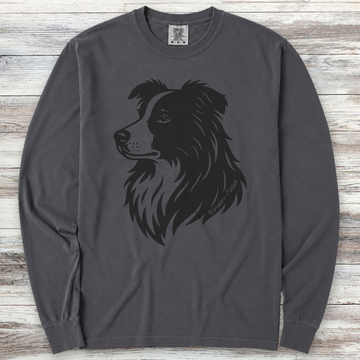 Border Collie Woodcut Portrait Long Sleeve Tee - Graphite