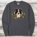 Border Collie Winter Greenery Faux Embroidery Long Sleeve Tee - Graphite