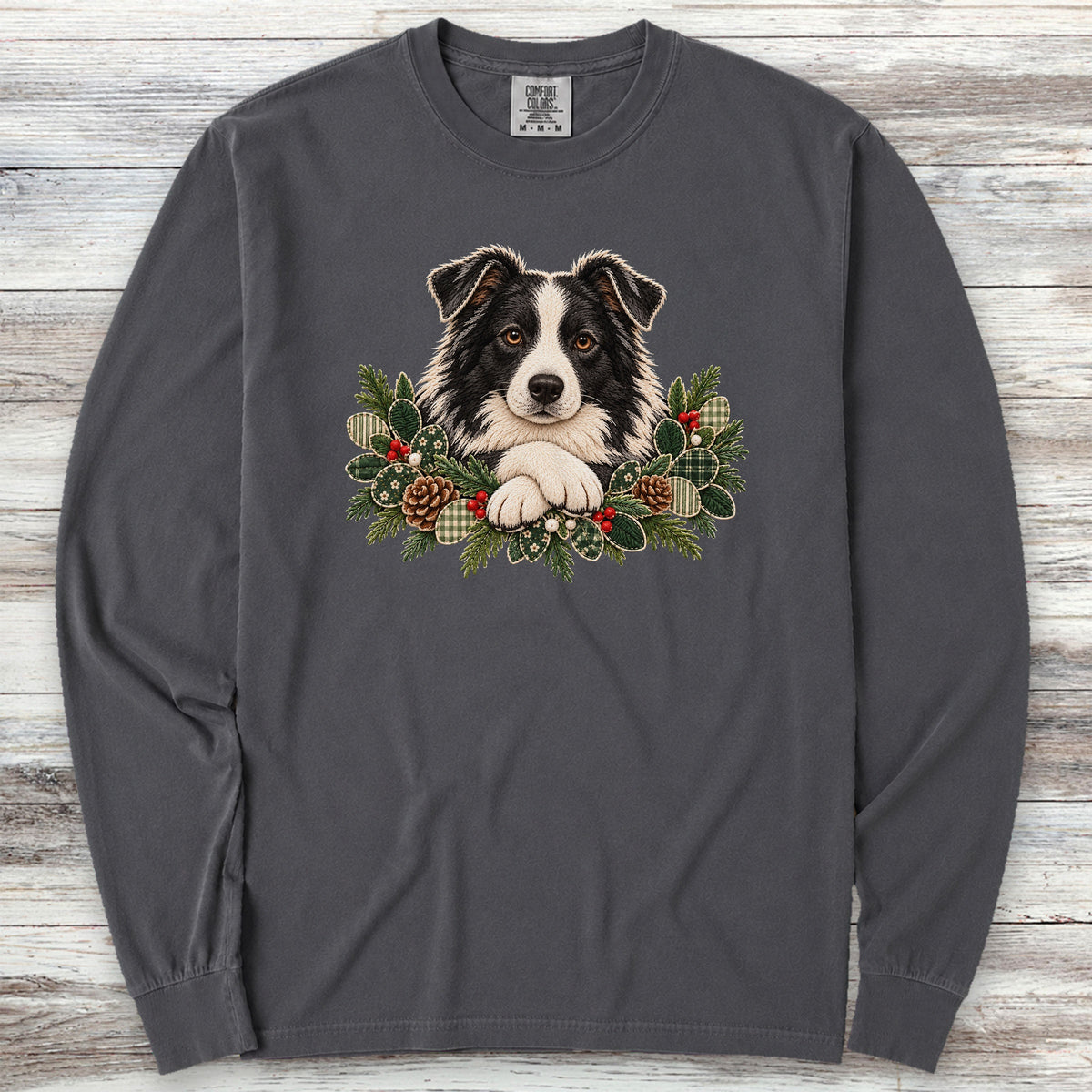 Border Collie Winter Greenery Faux Embroidery Long Sleeve Tee - Graphite