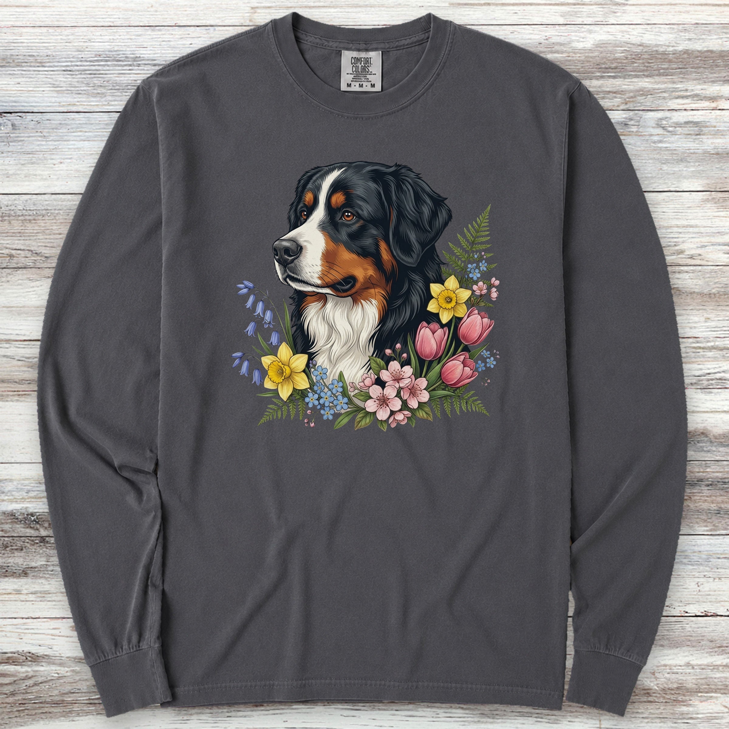 Bernese Mountain Dog Spring Portrait Long Sleeve Tee - Graphite