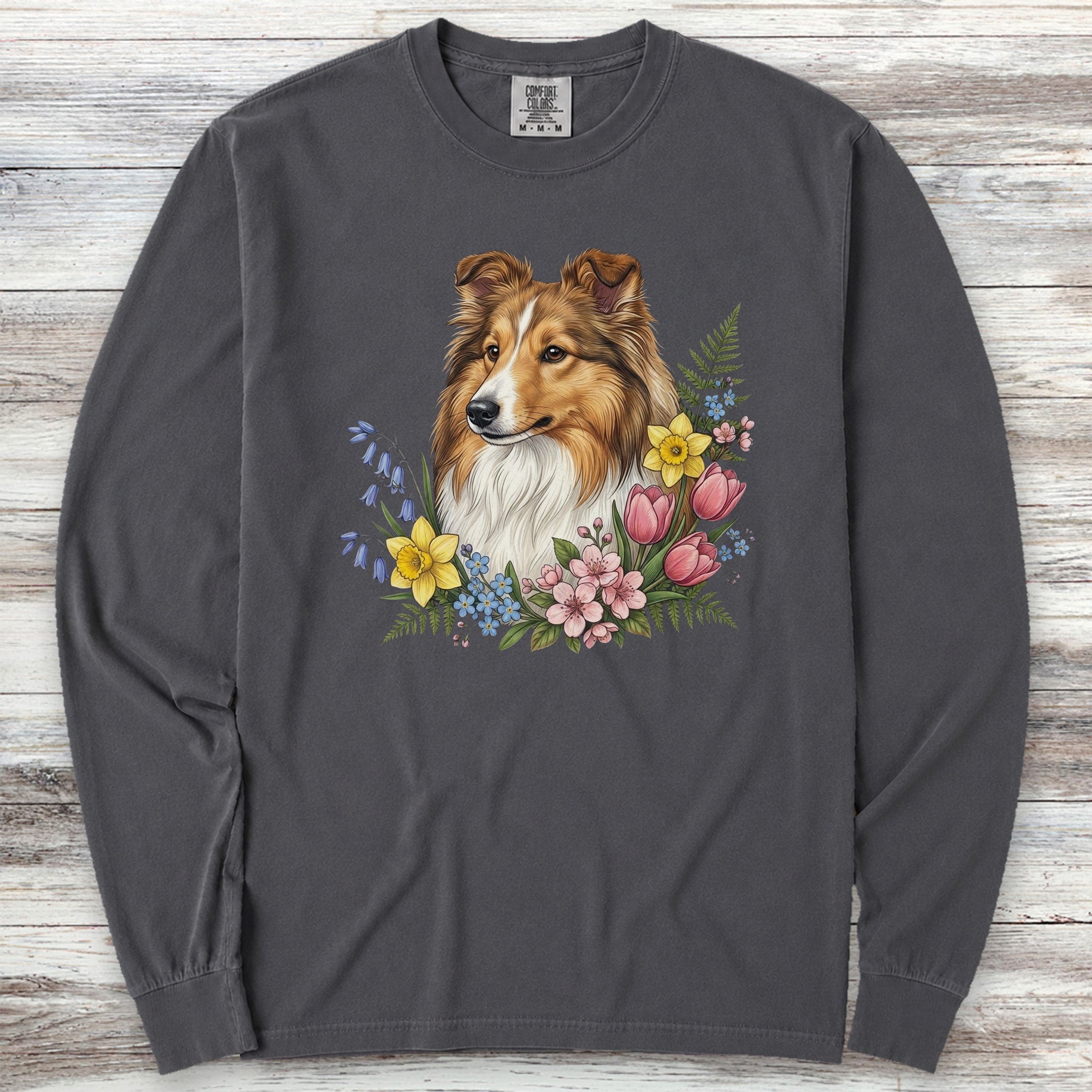 Shetland Sheepdog Spring Portrait Long Sleeve Tee - Graphite