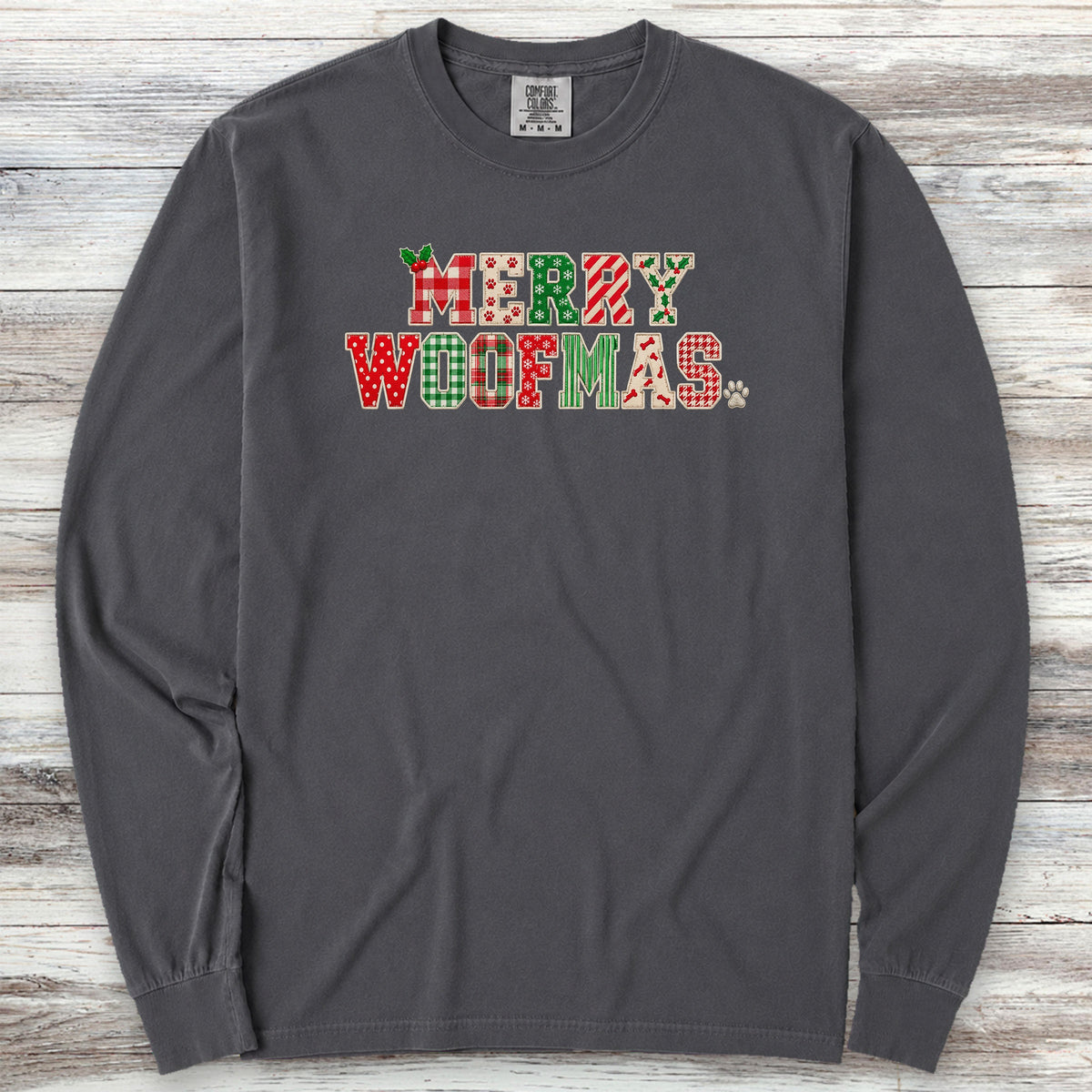 Merry Woofmas Faux Patchwork Long Sleeve Tee - Graphite