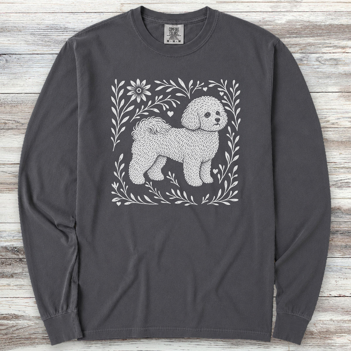 Bichon Frise Linocut Long Sleeve Tee - Graphite