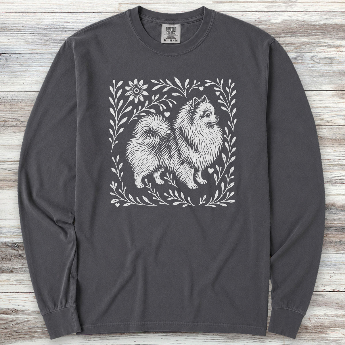 Pomeranian Linocut Long Sleeve Tee - Graphite