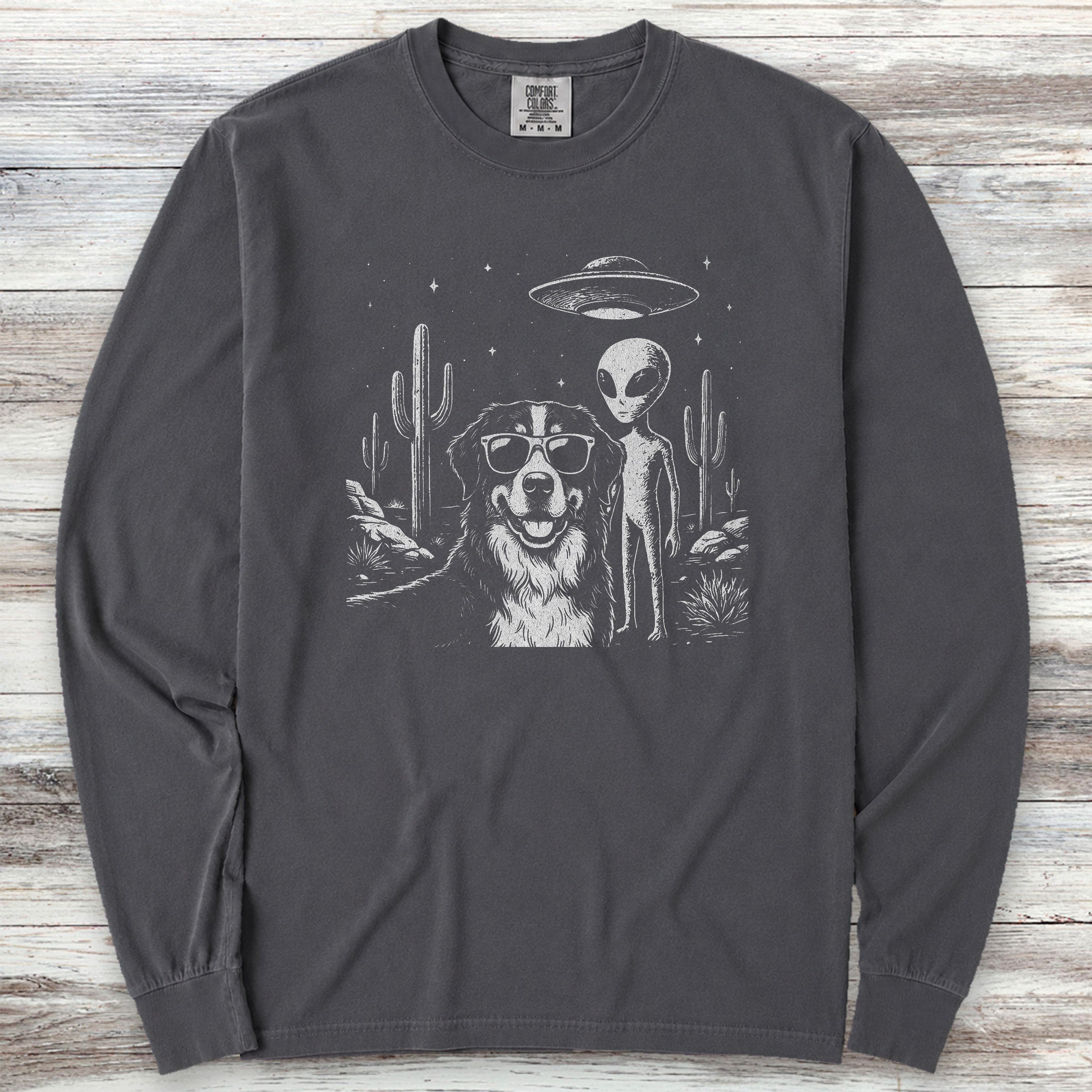 Bernese Mountain Dog Alien Selfie Long Sleeve Tee - Graphite