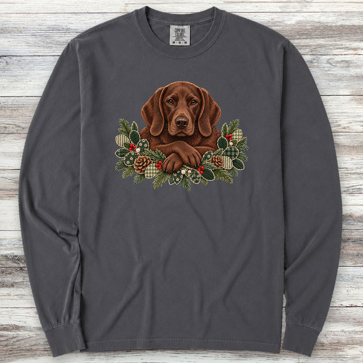 German Shorthaired Pointer Solid Liver Winter Greenery Faux Embroidery Long Sleeve Tee - Graphite