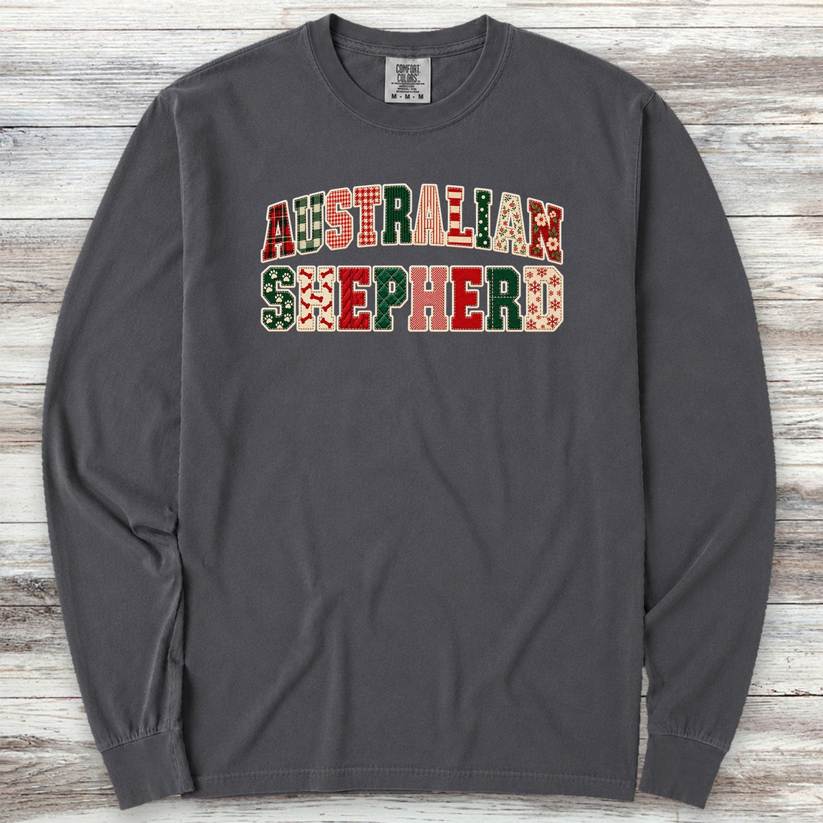 Australian Shepherd Holiday Faux Patchwork Long Sleeve Tee - Graphite