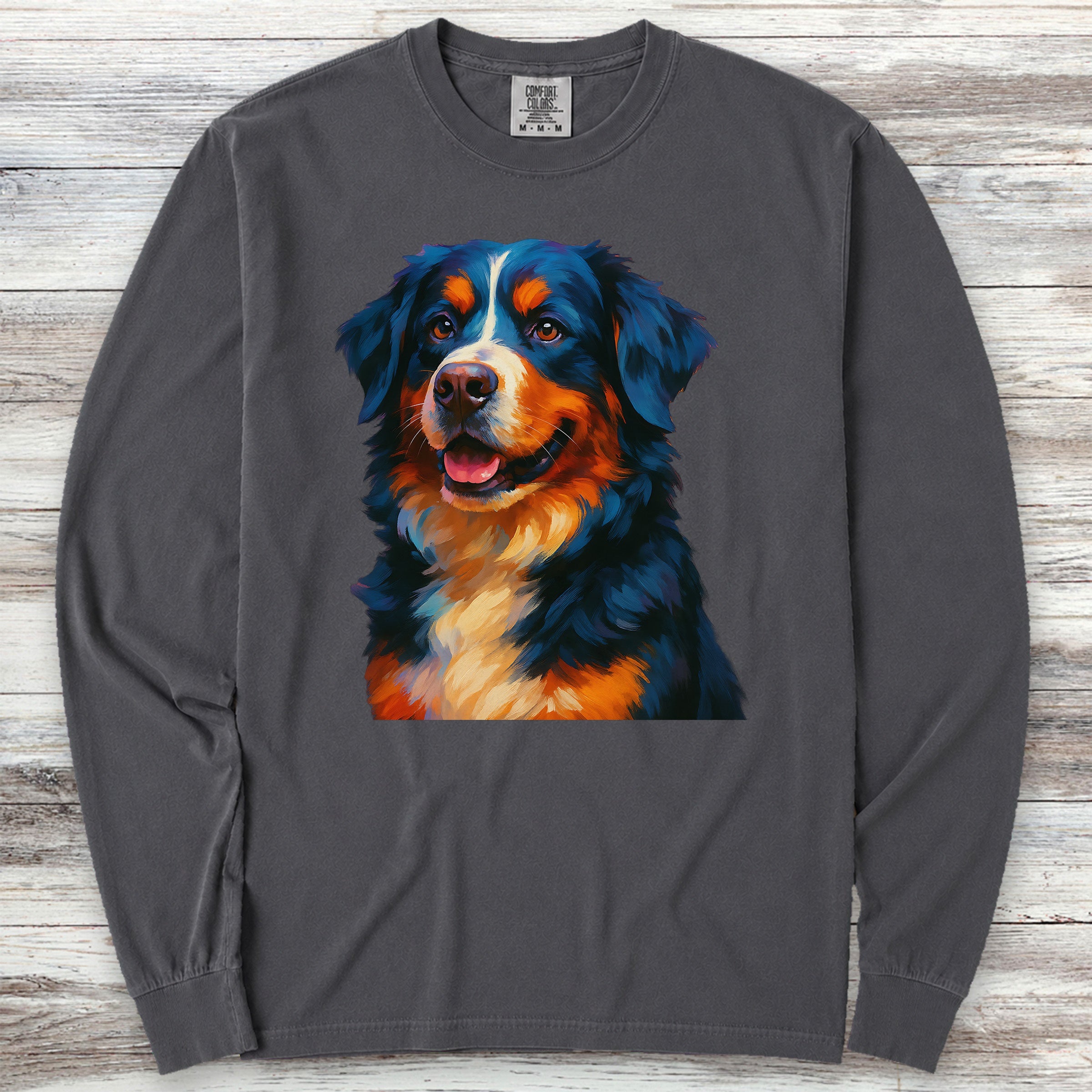 Bernese Mountain Dog Oil Painting Long Sleeve Tee - Graphite