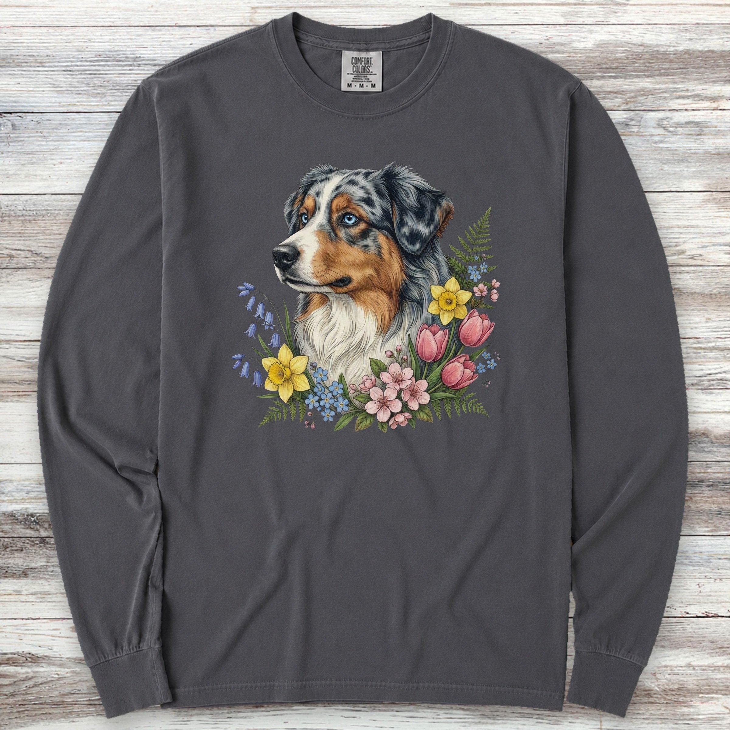 Australian Shepherd Merle Blue Eyes Portrait Long Sleeve Tee - Graphite