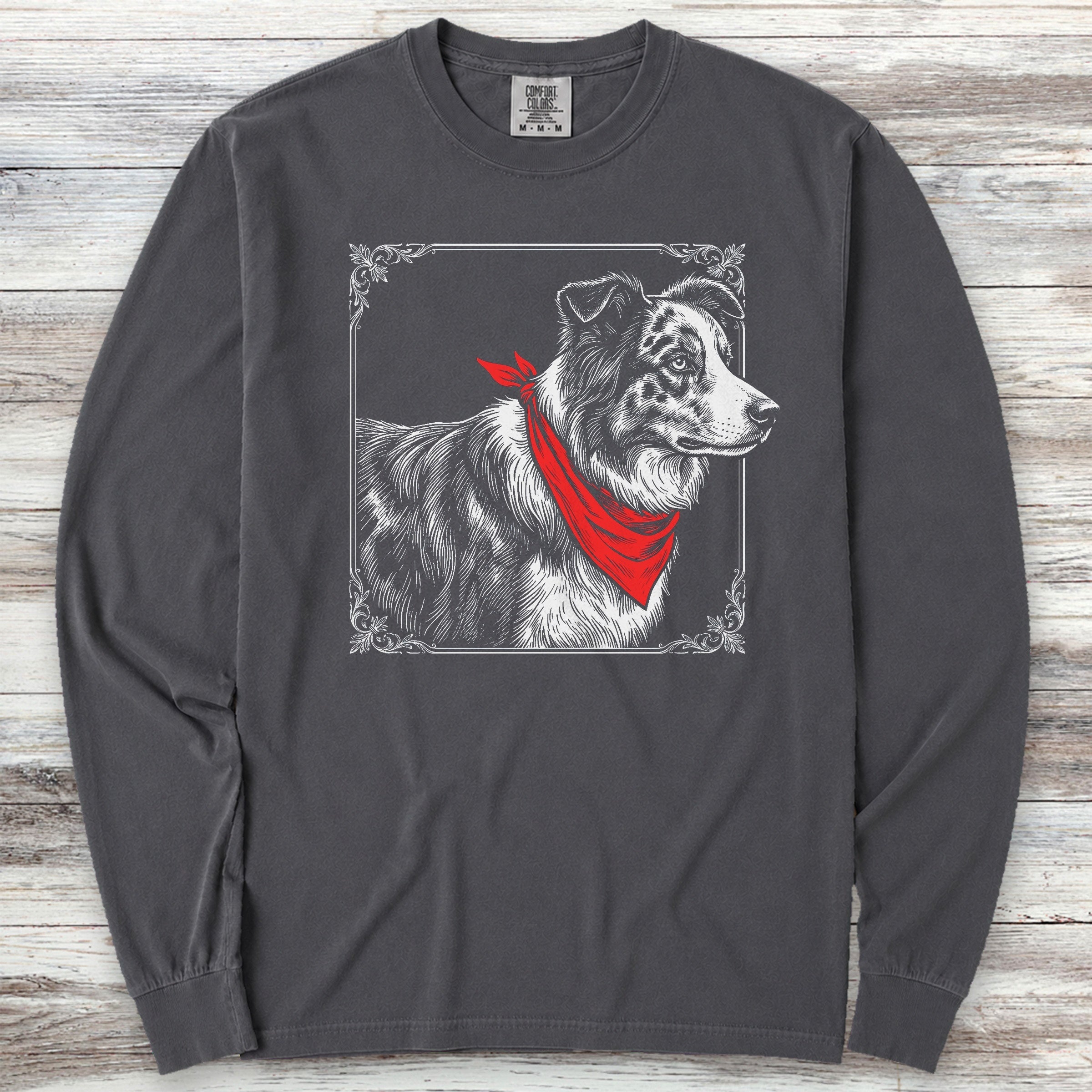 Australian Shepherd Etching Long Sleeve Tee - Graphite