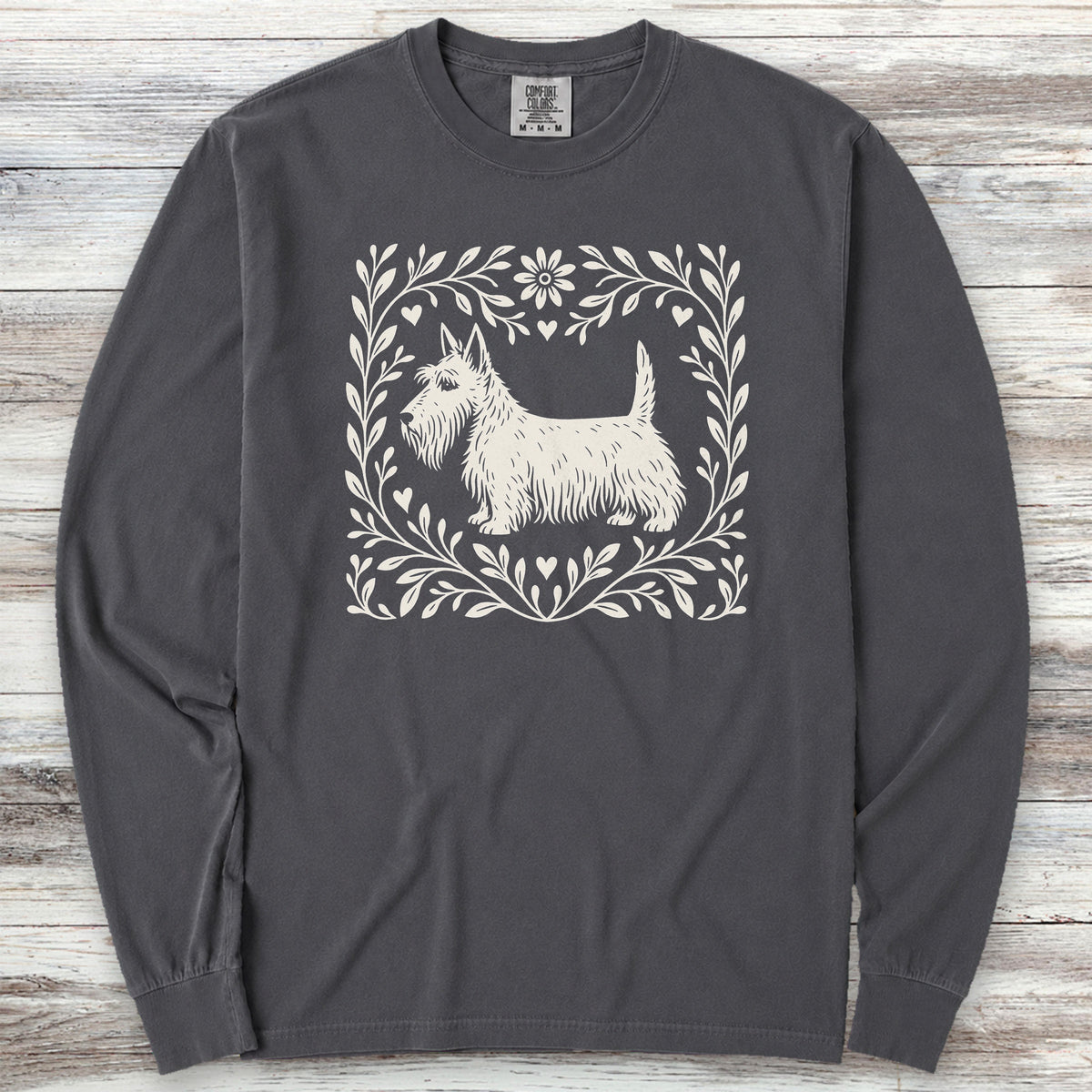 Scottish Terrier Linocut Long Sleeve Tee - Graphite
