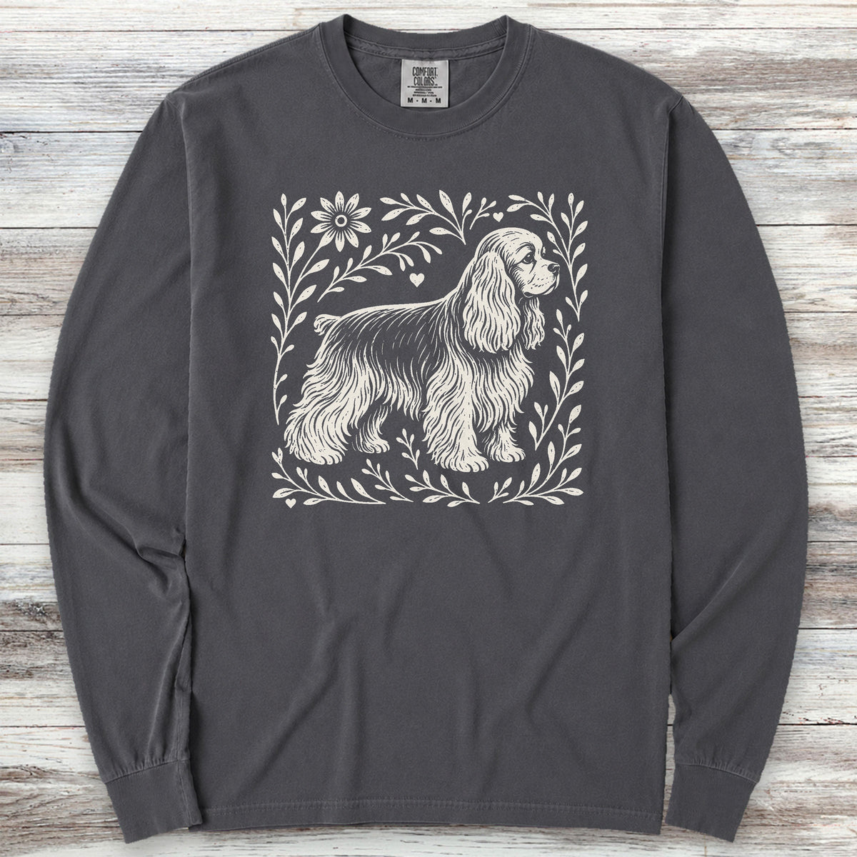Cocker Spaniel Linocut Long Sleeve Tee - Graphite