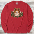 Shetland Sheepdog Winter Greenery Faux Embroidery Long Sleeve Tee - Red