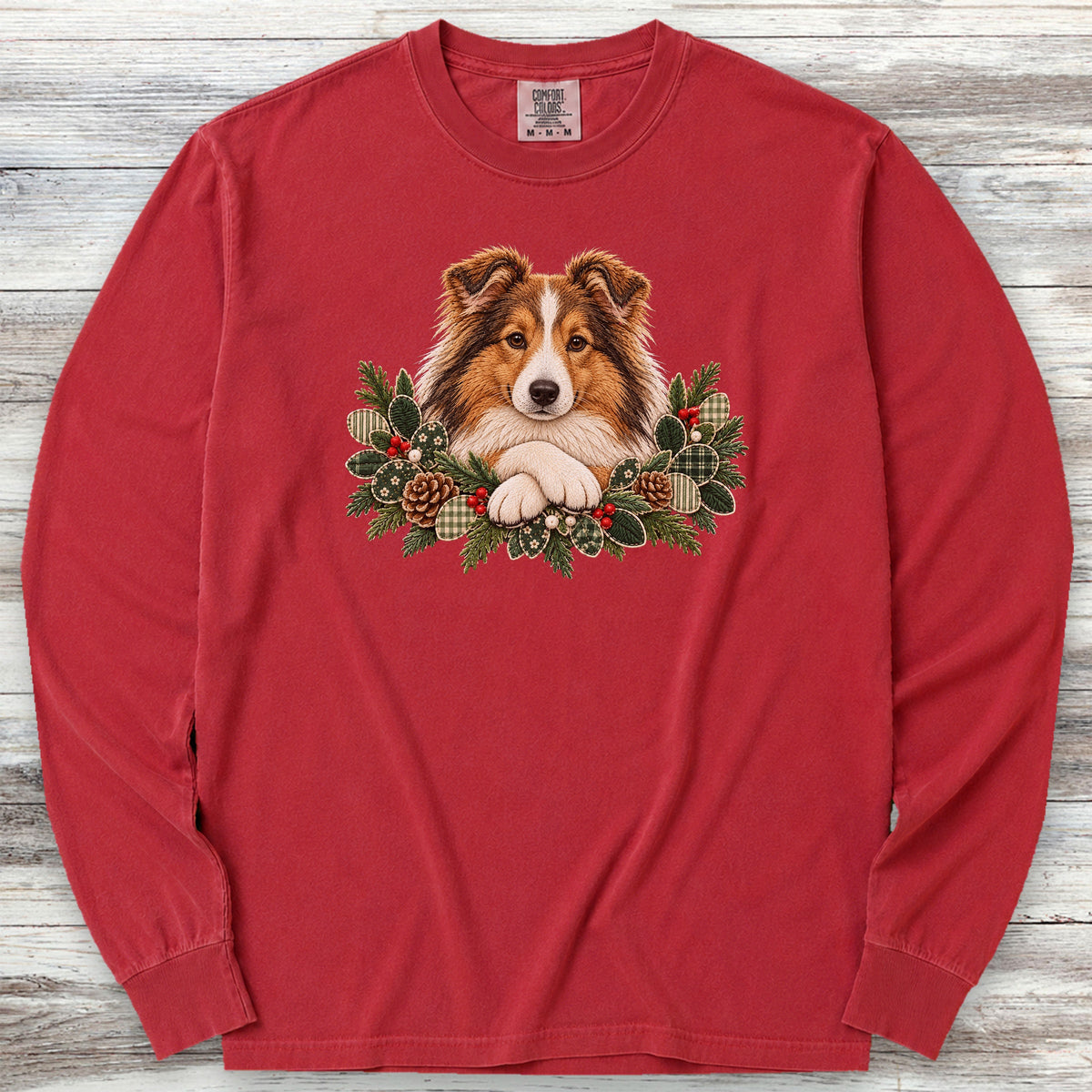 Shetland Sheepdog Winter Greenery Faux Embroidery Long Sleeve Tee - Red