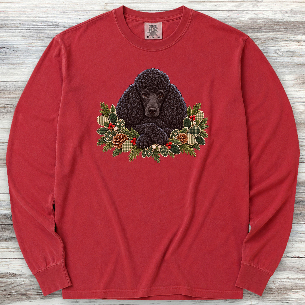 Poodle Black Winter Greenery Faux Embroidery Long Sleeve Tee - Red