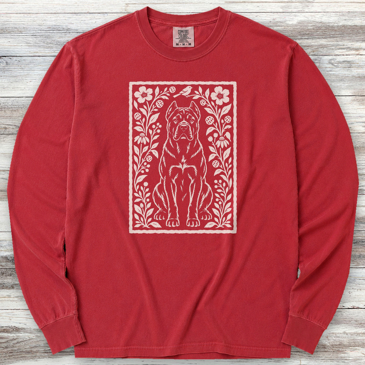 Cane Corso Dark Folk Art Floral Long Sleeve Tee - Red