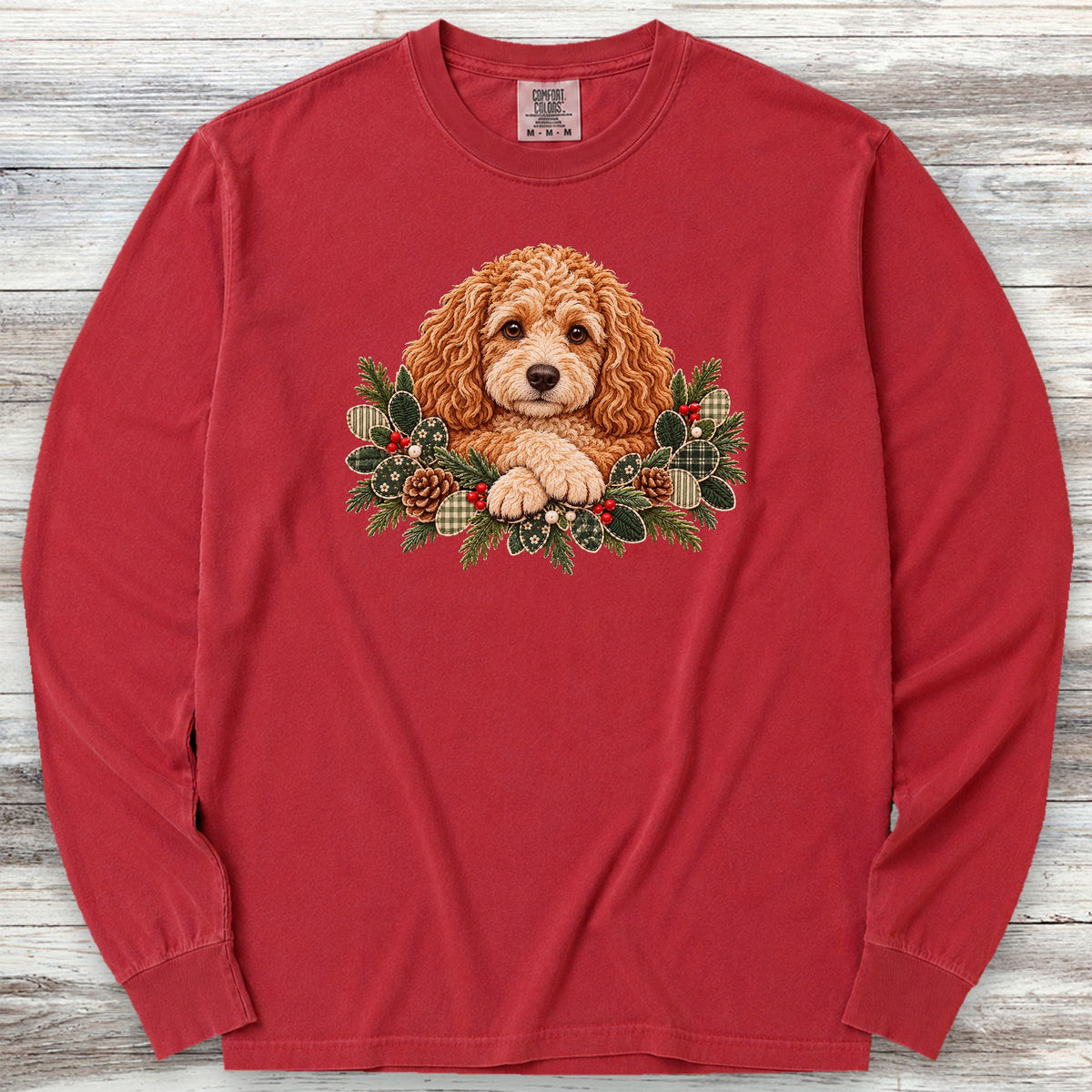 Cockapoo Winter Greenery Faux Embroidery Long Sleeve Tee - Red